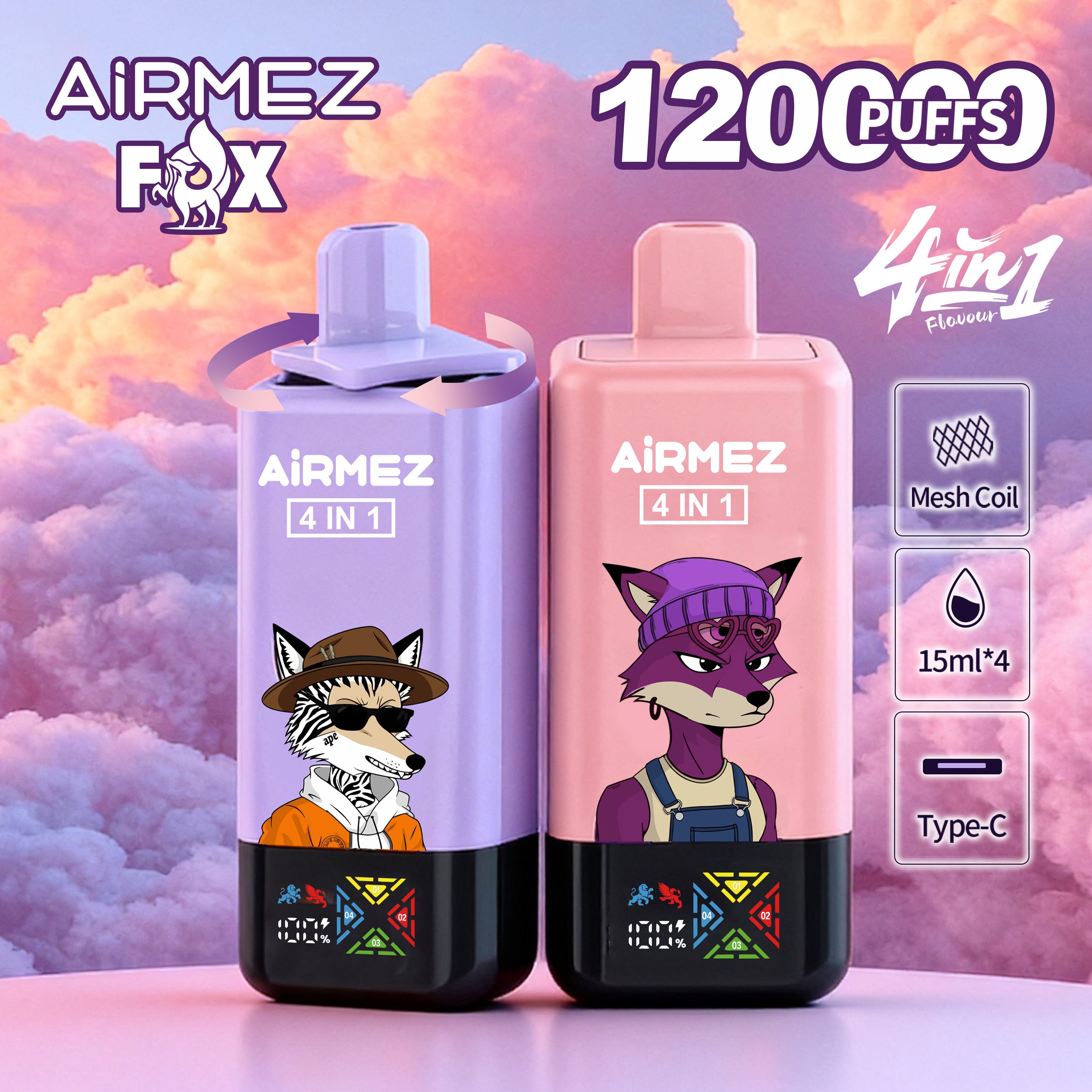 Airmez Fox 4 in 1 Disposable Vape 120000 Puffs Mobile Banner showcasing Mesh Coil, 60ml E-liquid Capacity and Type-C Charging