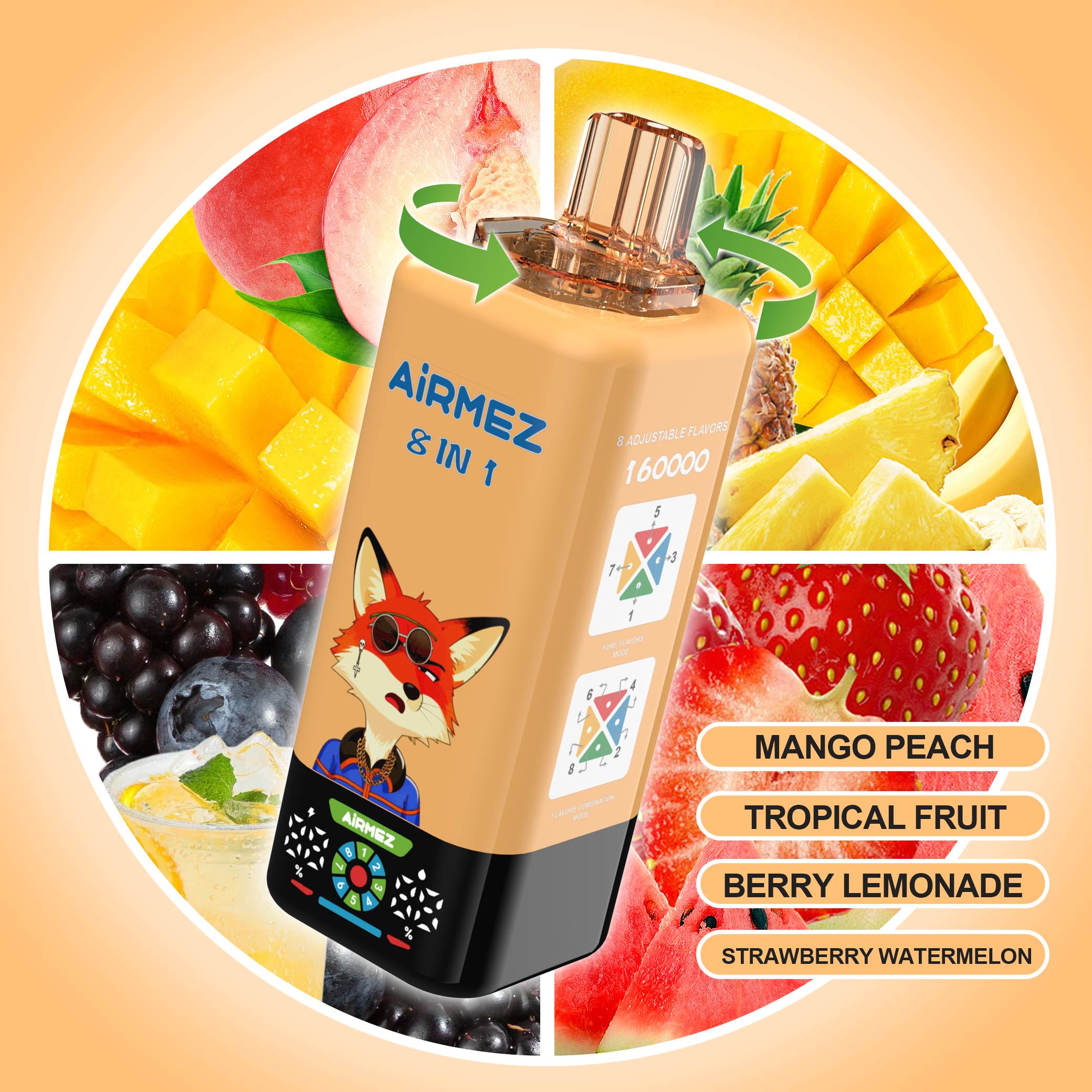 AIRMEZ FOX 8 IN 1 vape selection 5 Mango Peach Tropical Fruit Berry Lemonade Strawberry Watermelon disposable vape