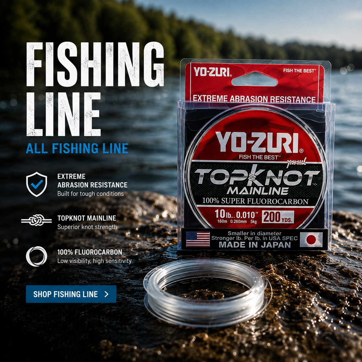 Premium fluorocarbon fishing line available at Tackle Warehouse America for superior strength, abrasion resistance, and casting performance.