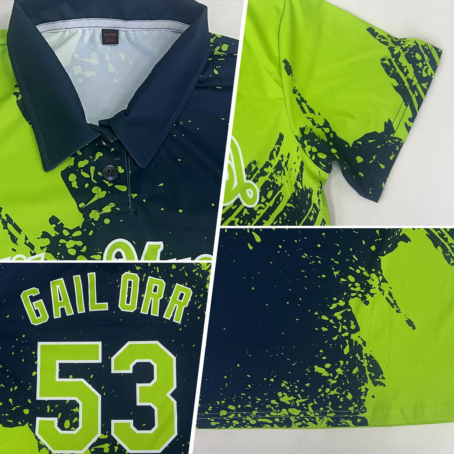 Custom Neon Green Navy-White 3D Pattern Design Abstract Brush Stroke Performance Polo Shirt