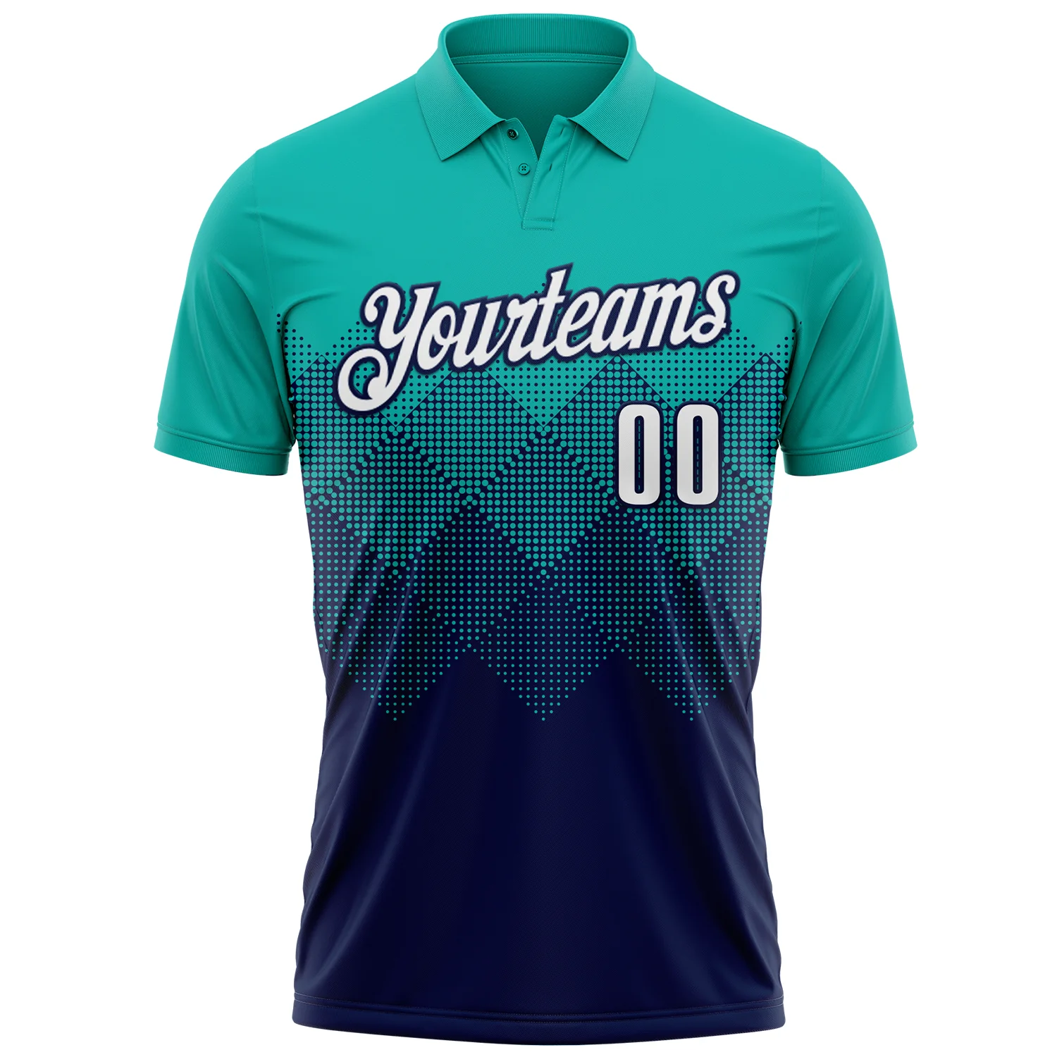 Custom Aqua White-Navy 3D Gradient Square Shape Performance Polo Shirt