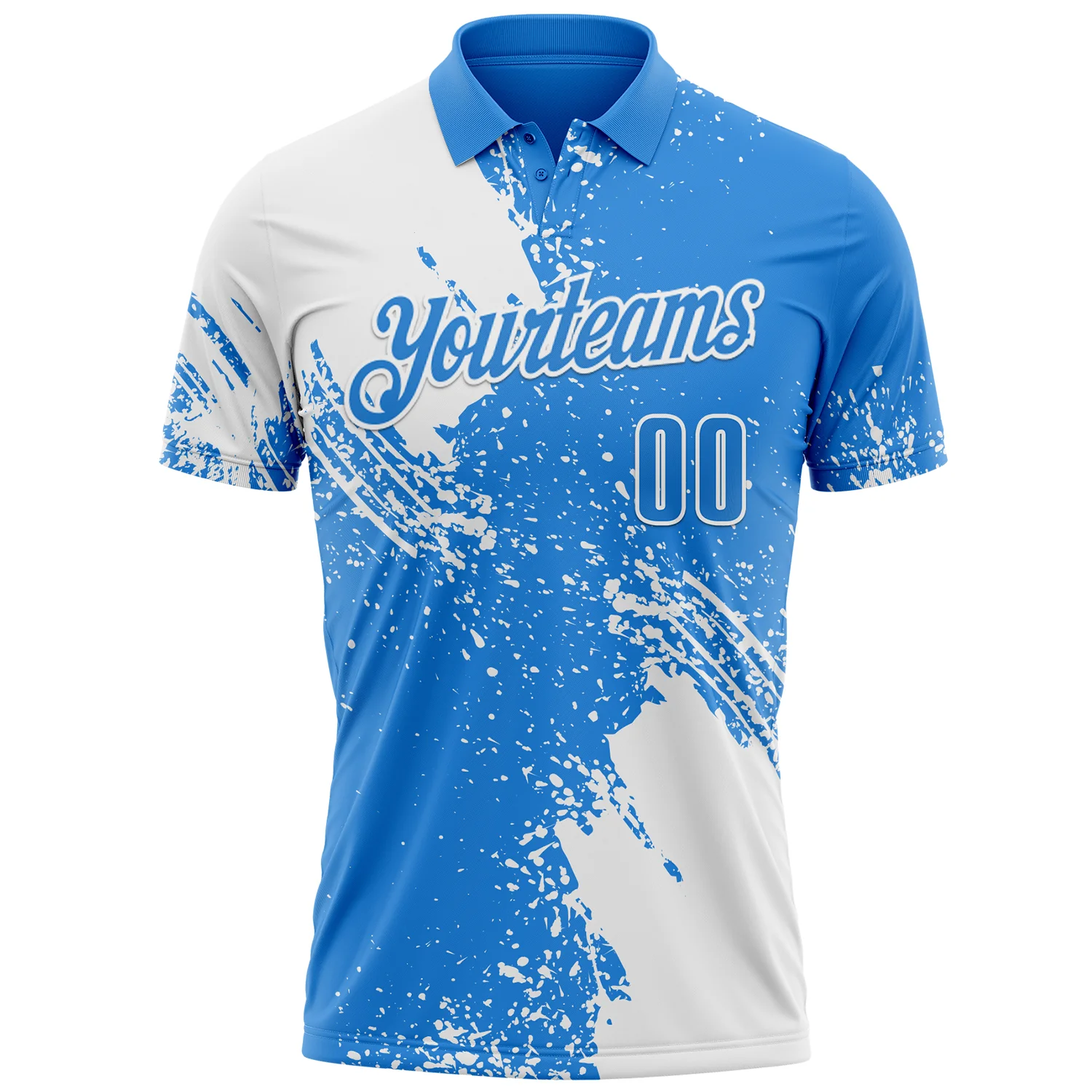 Custom White Powder Blue 3D Pattern Design Abstract Brush Stroke Performance Polo Shirt