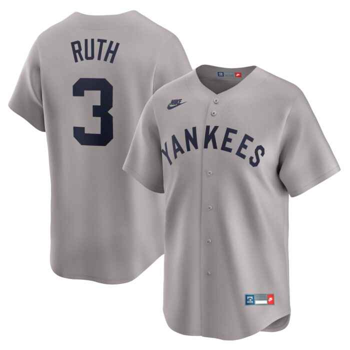 Men’s New York Yankees Babe Ruth Nike Gray Throwback Cooperstown Collection Limited Jersey