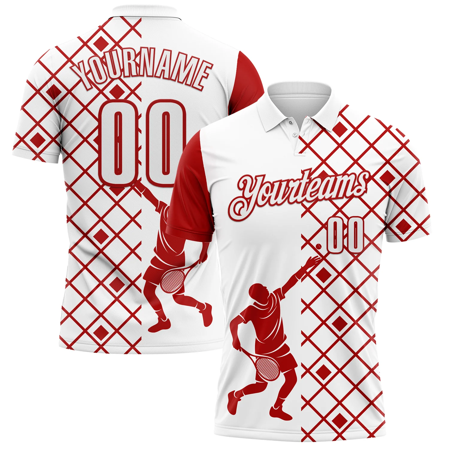 Custom White Red 3D Tennis Performance Polo Shirt