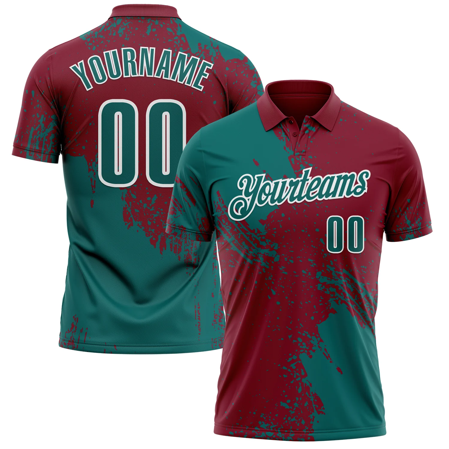Custom Teal Crimson-White 3D Pattern Design Abstract Brush Stroke Performance Polo Shirt