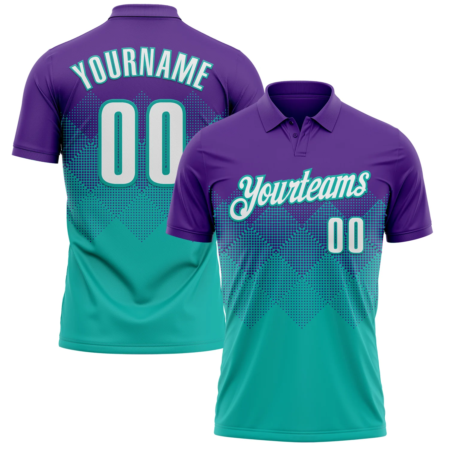 Custom Purple White-Aqua 3D Gradient Square Shape Performance Polo Shirt