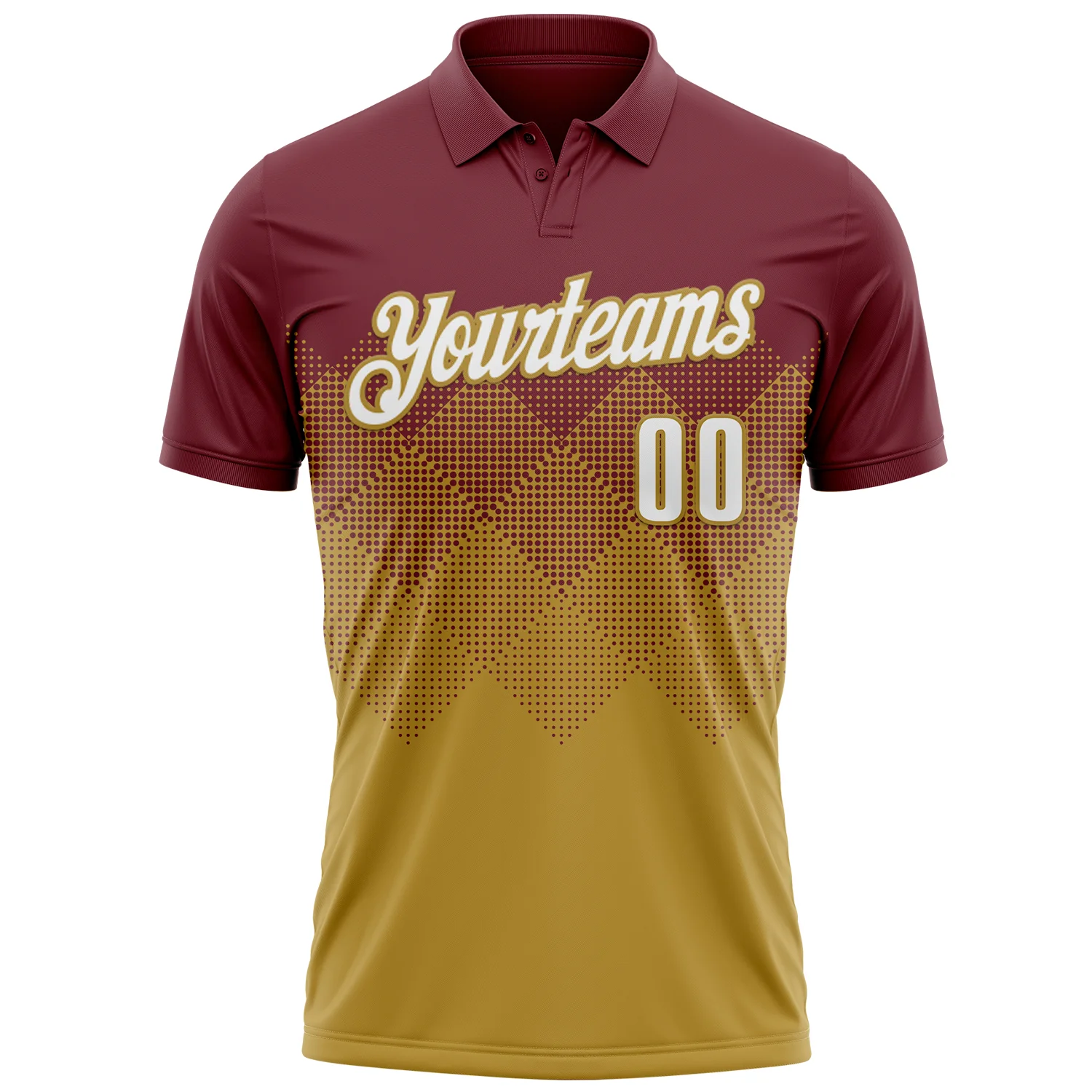 Custom Burgundy White-Old Gold 3D Gradient Square Shape Performance Polo Shirt