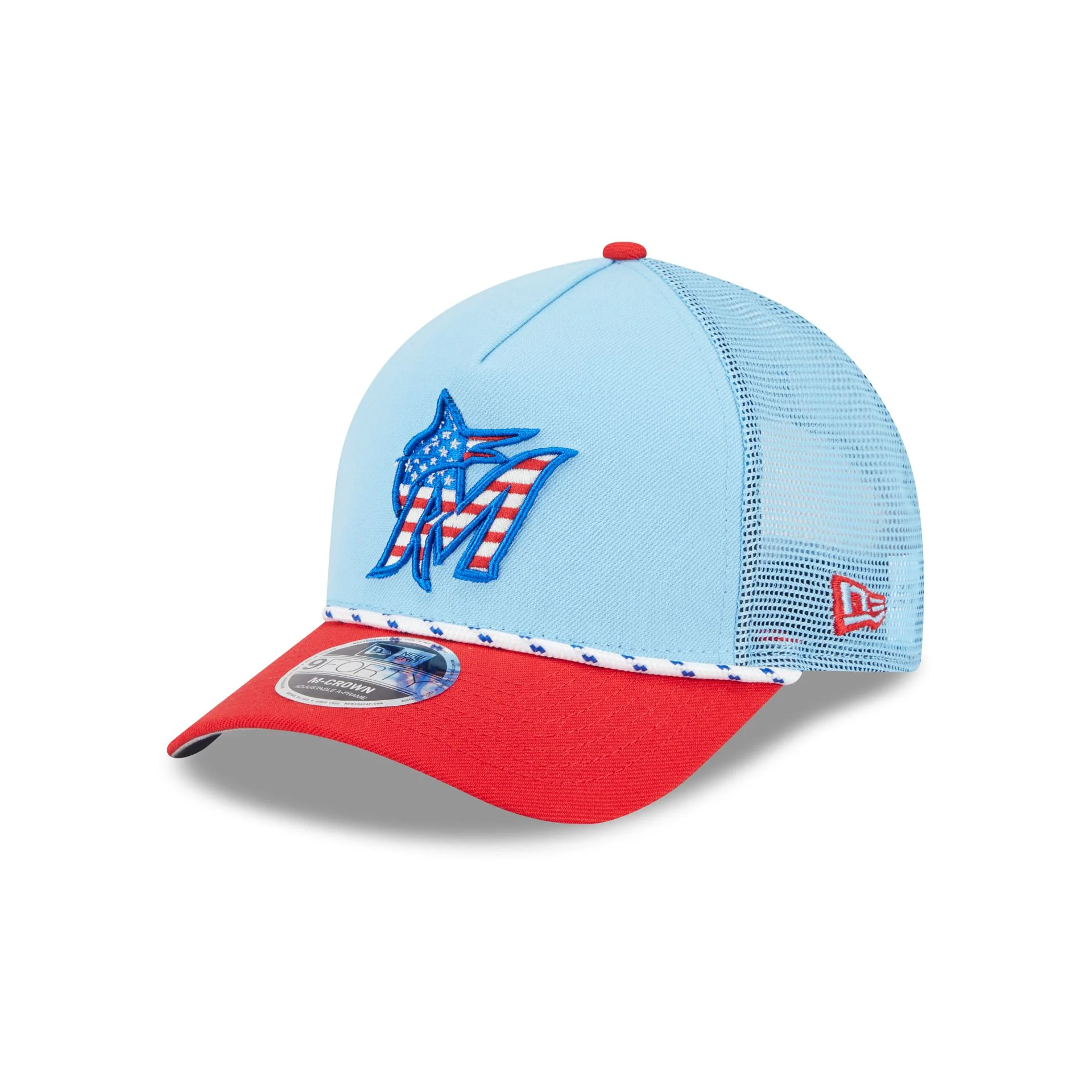 Miami Marlins Independence Day 2025 9FORTY M-Crown A-Frame Trucker Hat