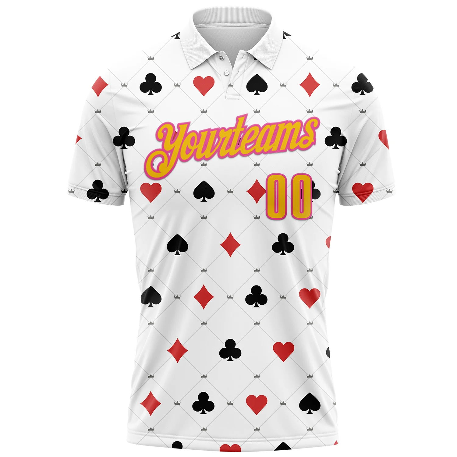 Custom White Yellow-Pink 3D Gambling Poker Performance Polo Shirt