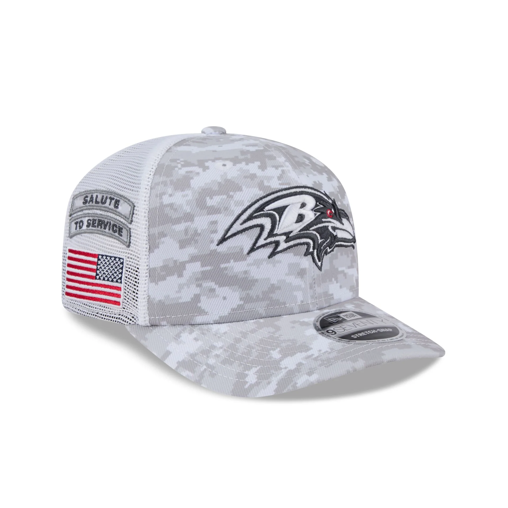 Baltimore Ravens 2024 Salute to Service 9SEVENTY Trucker Hat