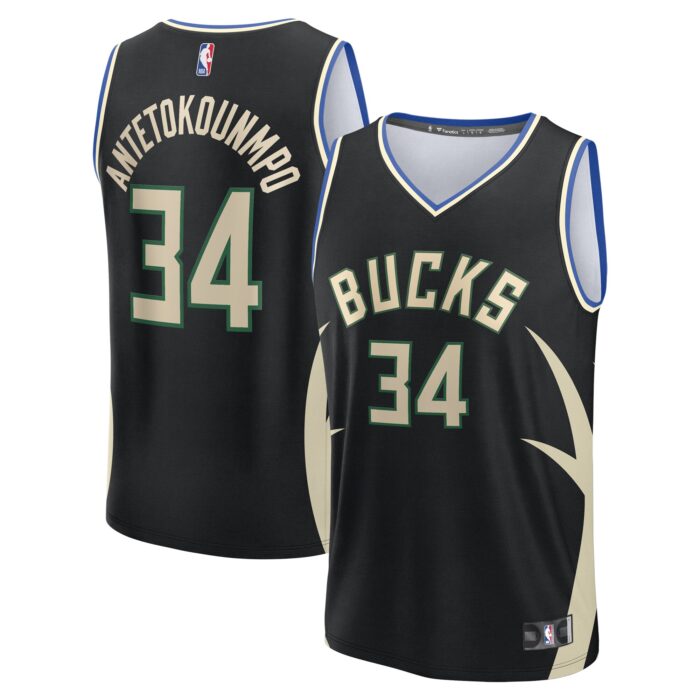 Men’s Milwaukee Bucks Giannis Antetokounmpo Fanatics Black Fast Break Replica Player Jersey – Statement Edition