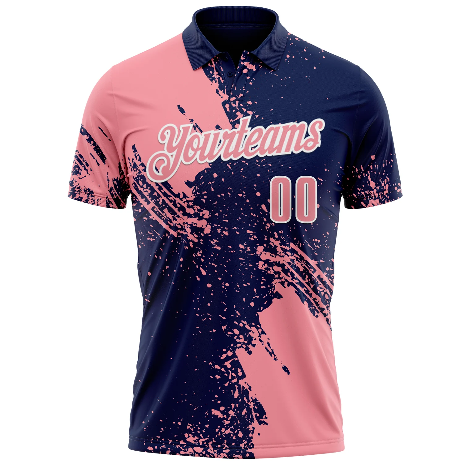 Custom Medium Pink Navy-White 3D Pattern Design Abstract Brush Stroke Performance Polo Shirt