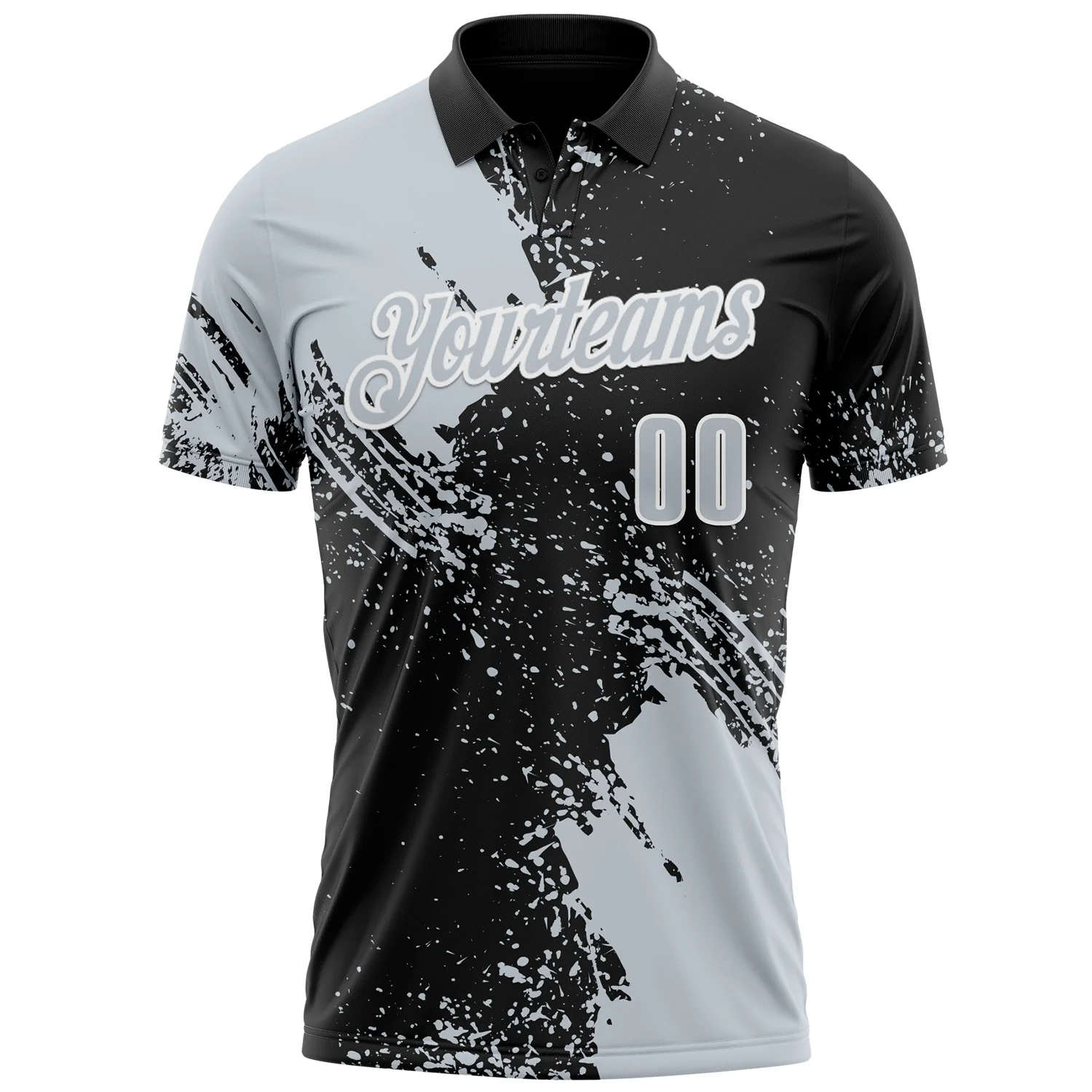 Custom Silver Black-White 3D Pattern Design Abstract Brush Stroke Performance Polo Shirt