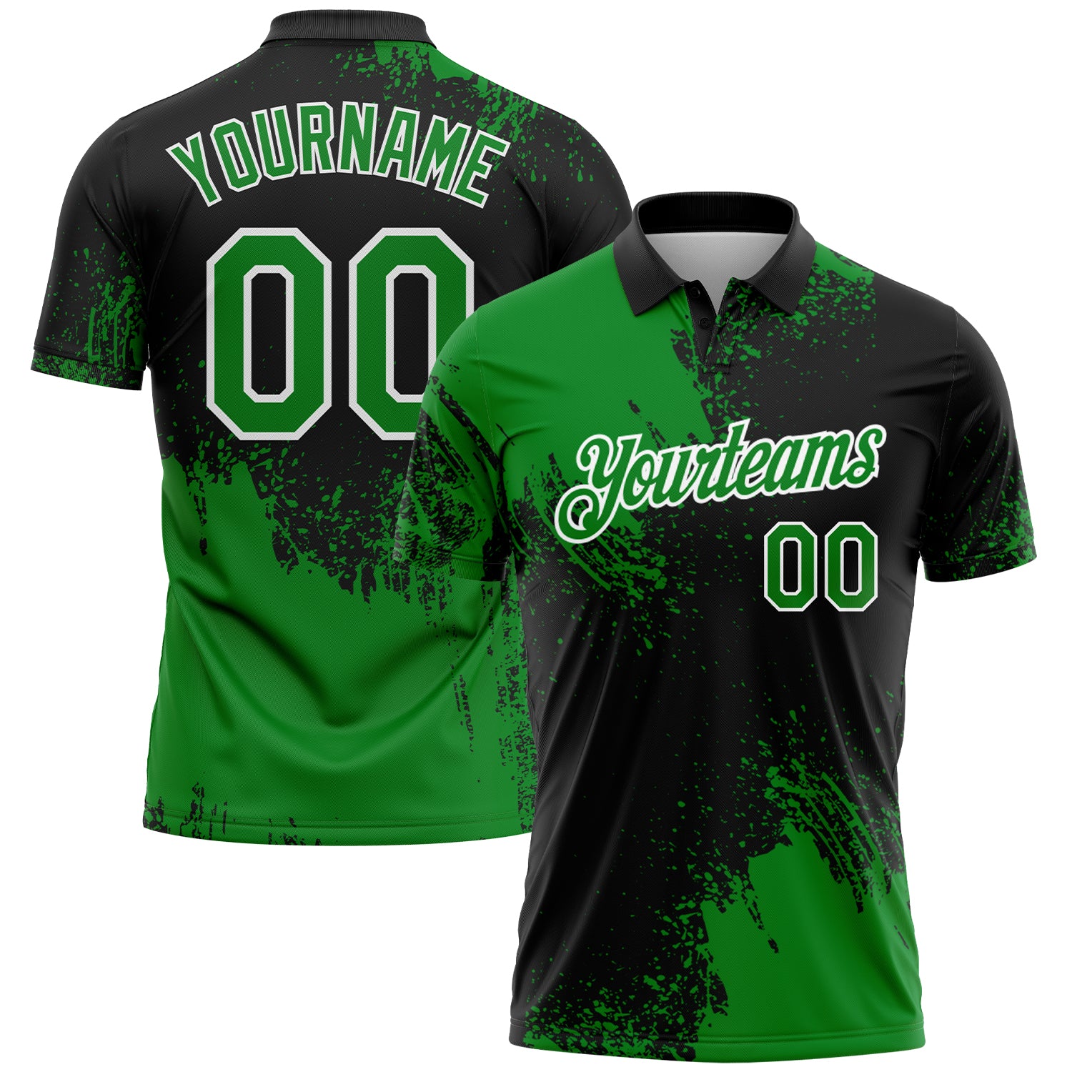 Custom Grass Green Black-White 3D Pattern Design Abstract Brush Stroke Performance Polo Shirt