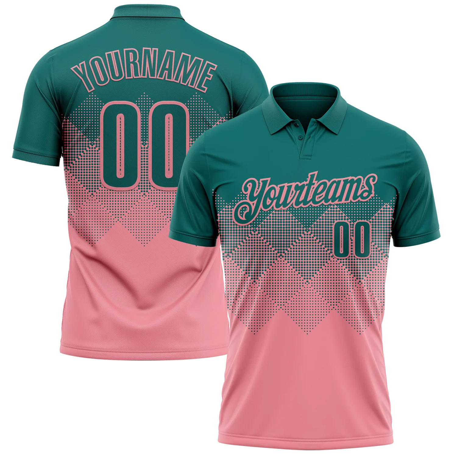 Custom Teal Medium Pink 3D Gradient Square Shape Performance Polo Shirt