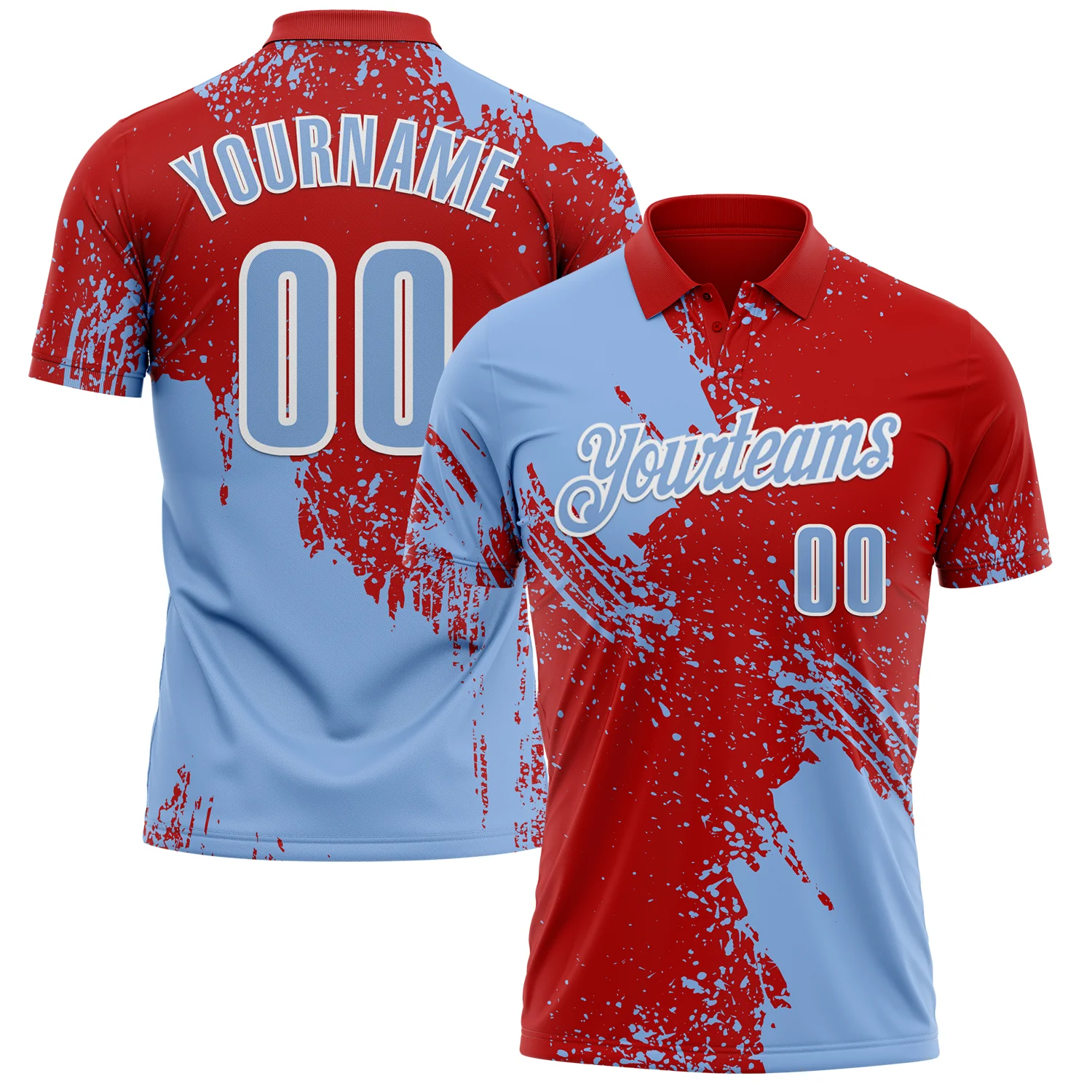 Custom Light Blue Red-White 3D Pattern Design Abstract Brush Stroke Performance Polo Shirt