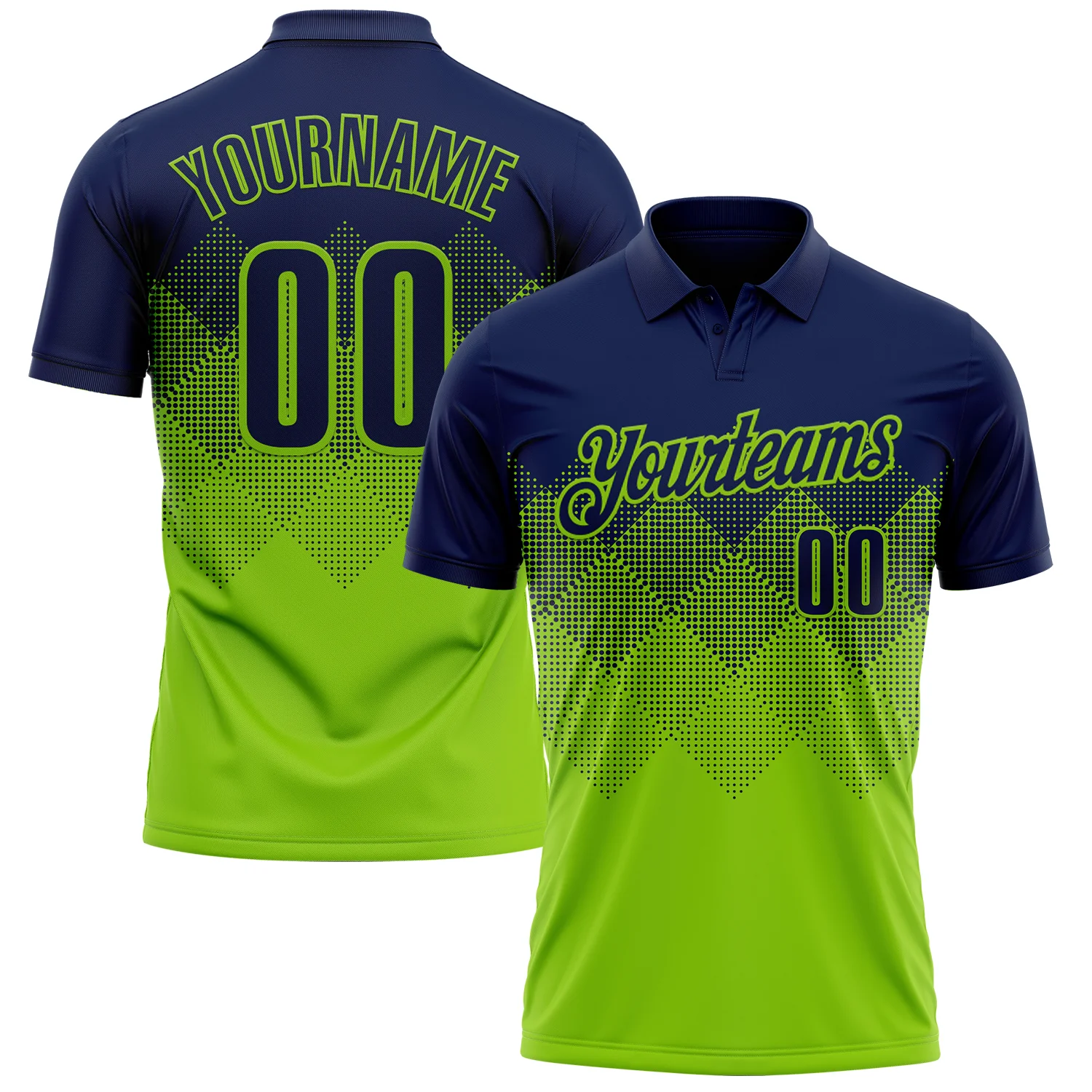 Custom Navy Neon Green 3D Gradient Square Shape Performance Polo Shirt