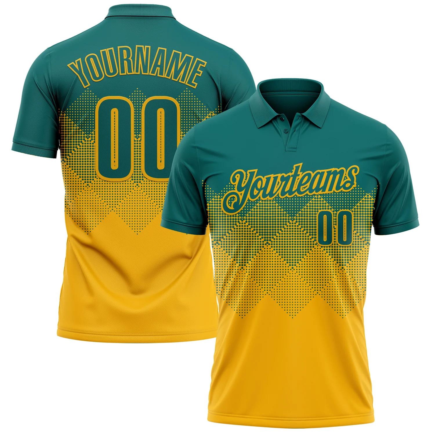 Custom Teal Gold 3D Gradient Square Shape Performance Polo Shirt