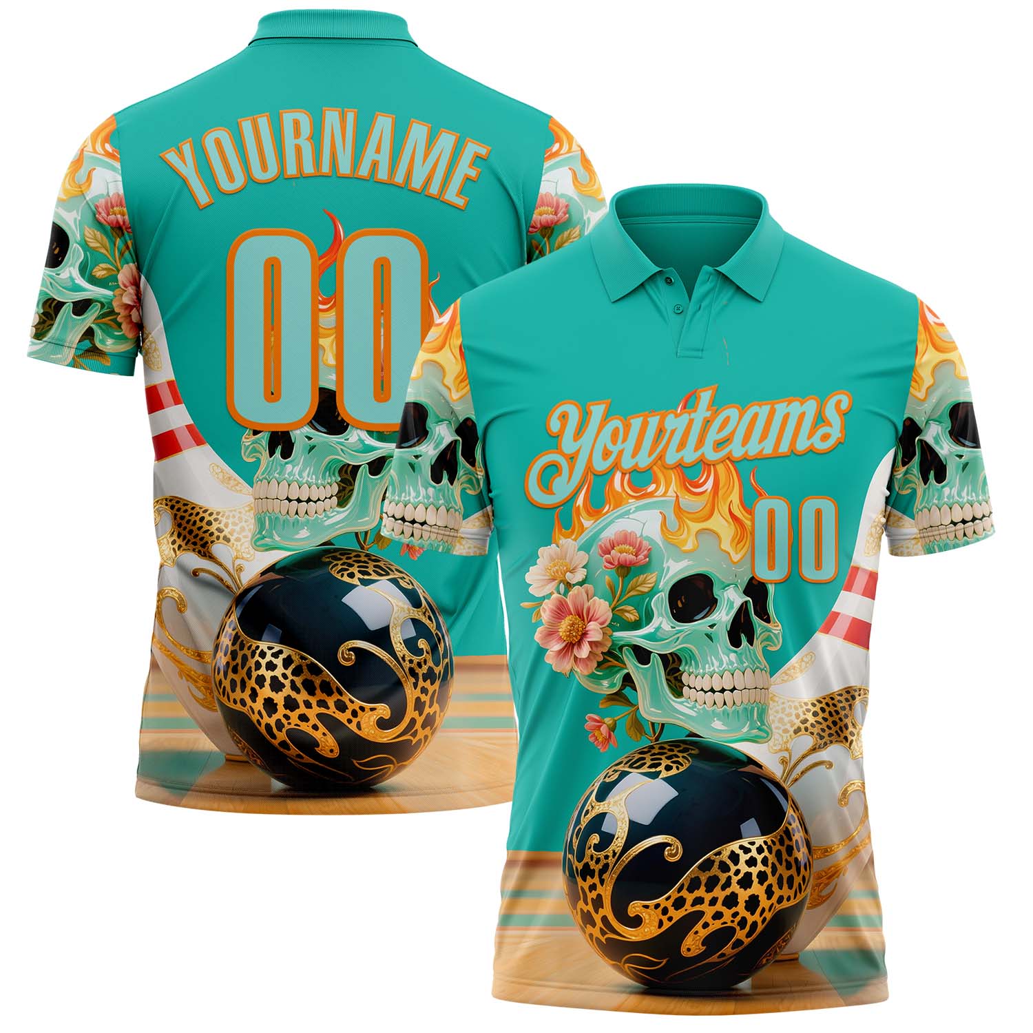 Custom Blue Ice Blue-Bay Orange 3D Floral Leopard Print Flame Skull Bowling Performance Polo Shirt