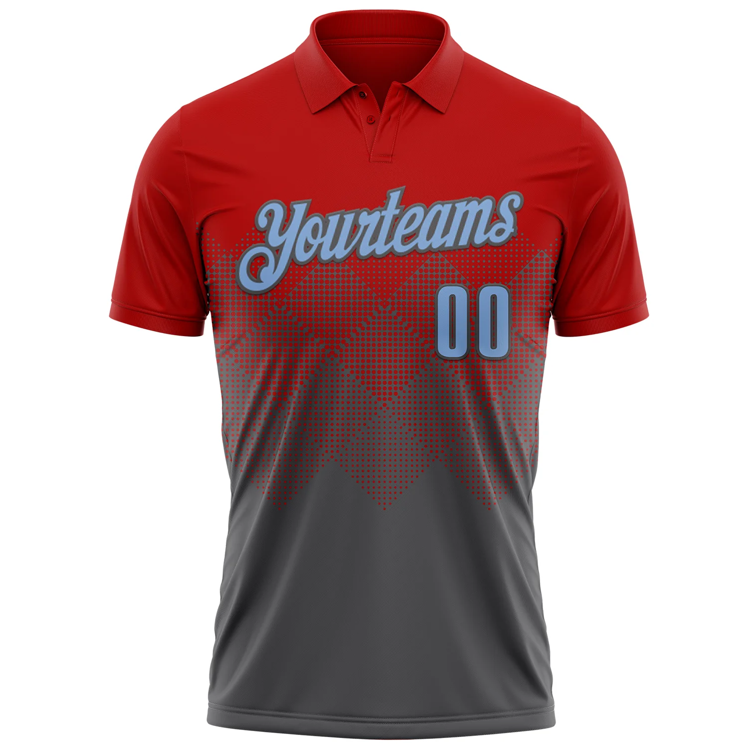 Custom Red Light Blue-Steel Gray 3D Gradient Square Shape Performance Polo Shirt