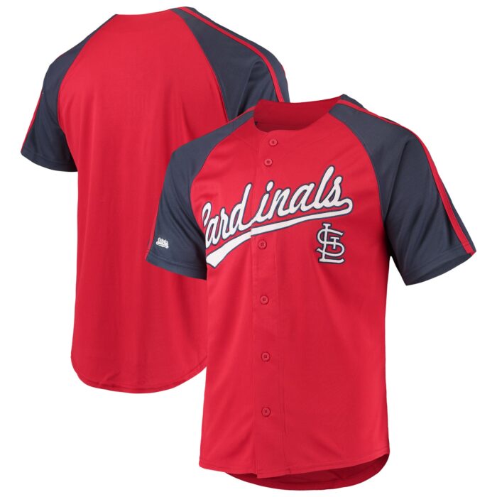 Men’s St. Louis Cardinals Stitches Red Button-Down Raglan Replica Jersey
