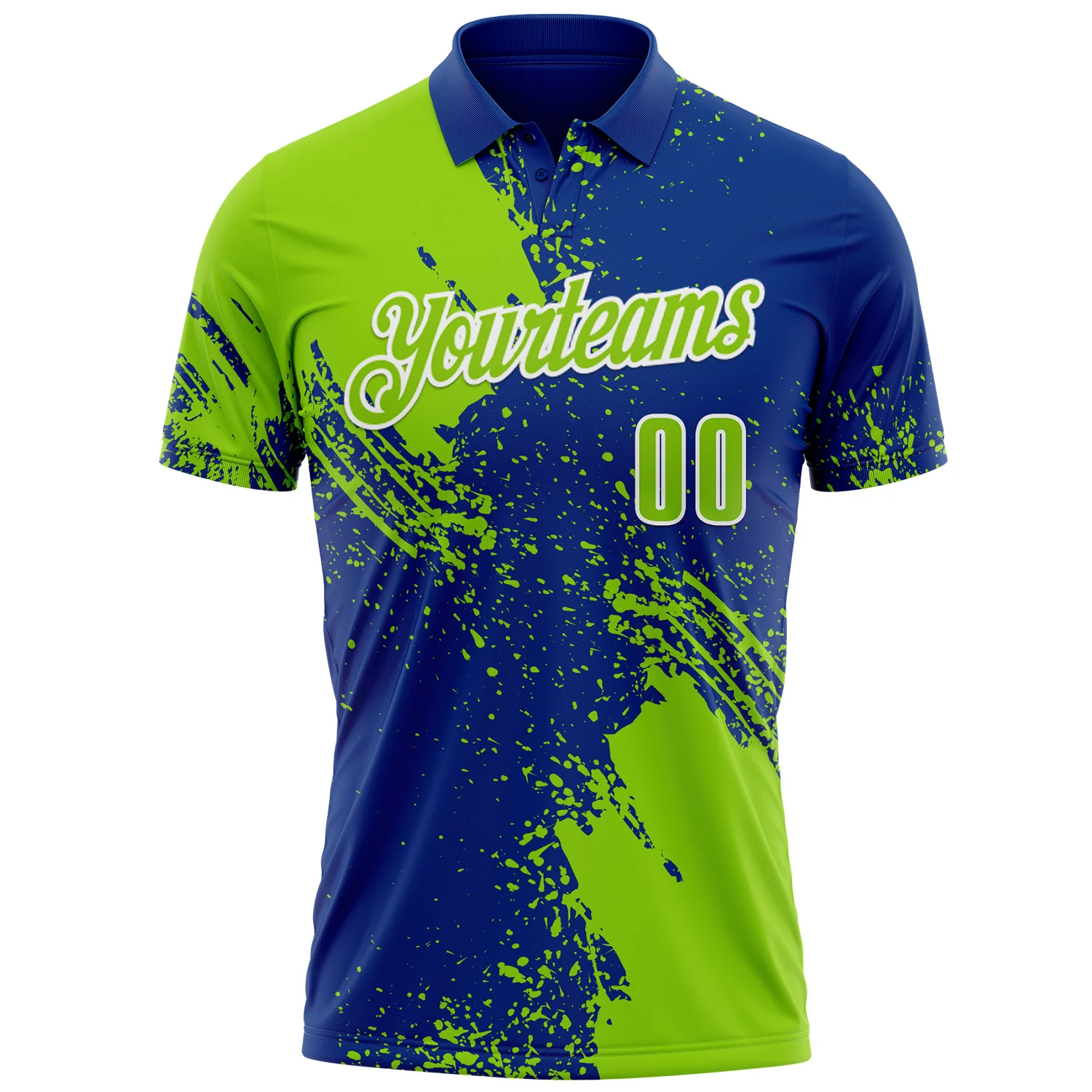 Custom Neon Green Royal-White 3D Pattern Design Abstract Brush Stroke Performance Polo Shirt