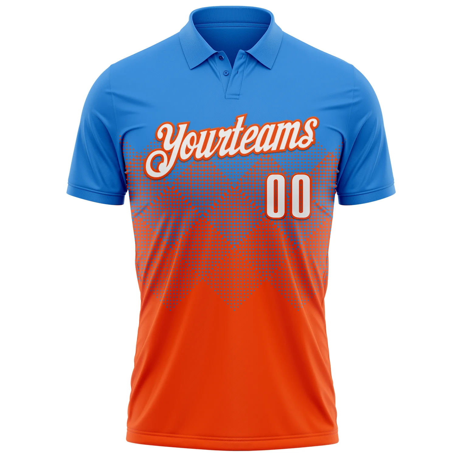 Custom Powder Blue White-Orange 3D Gradient Square Shape Performance Polo Shirt