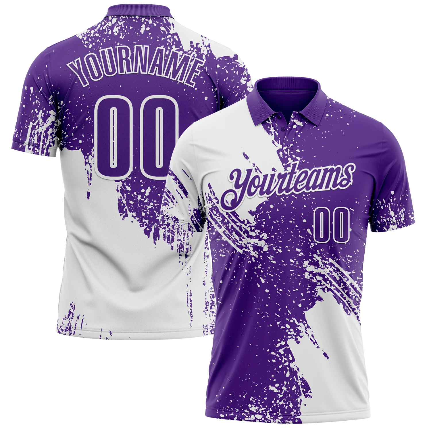 Custom White Purple 3D Pattern Design Abstract Brush Stroke Performance Polo Shirt