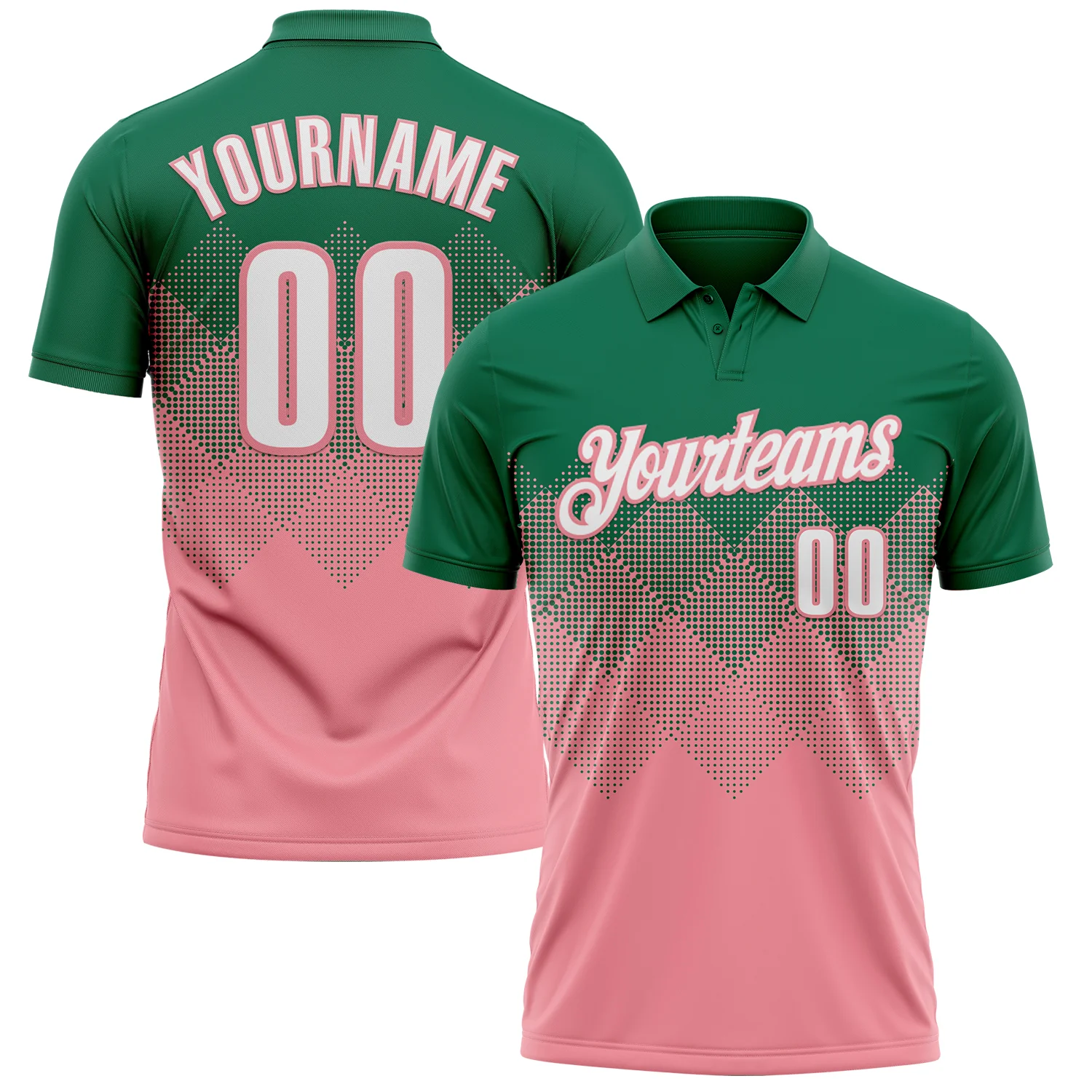 Custom Kelly Green White-Medium Pink 3D Gradient Square Shape Performance Polo Shirt