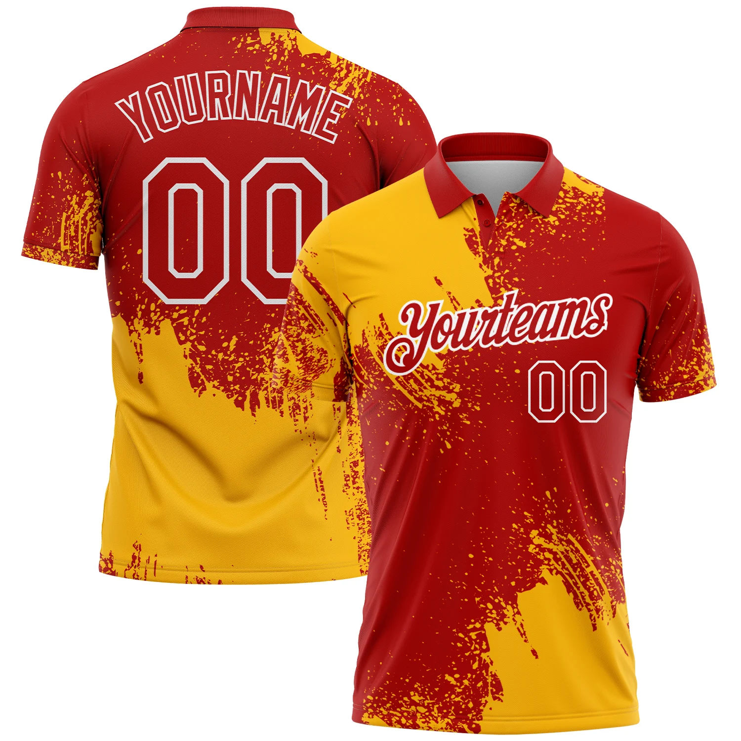 Custom Gold Red-White 3D Pattern Design Abstract Brush Stroke Performance Polo Shirt
