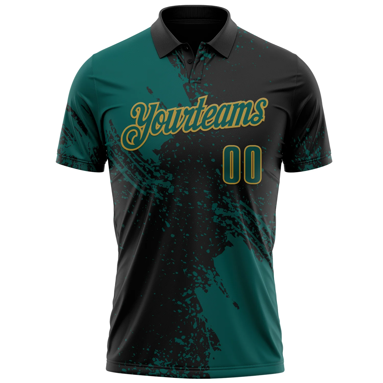 Custom Midnight Green Black-Old Gold 3D Pattern Design Abstract Brush Stroke Performance Polo Shirt