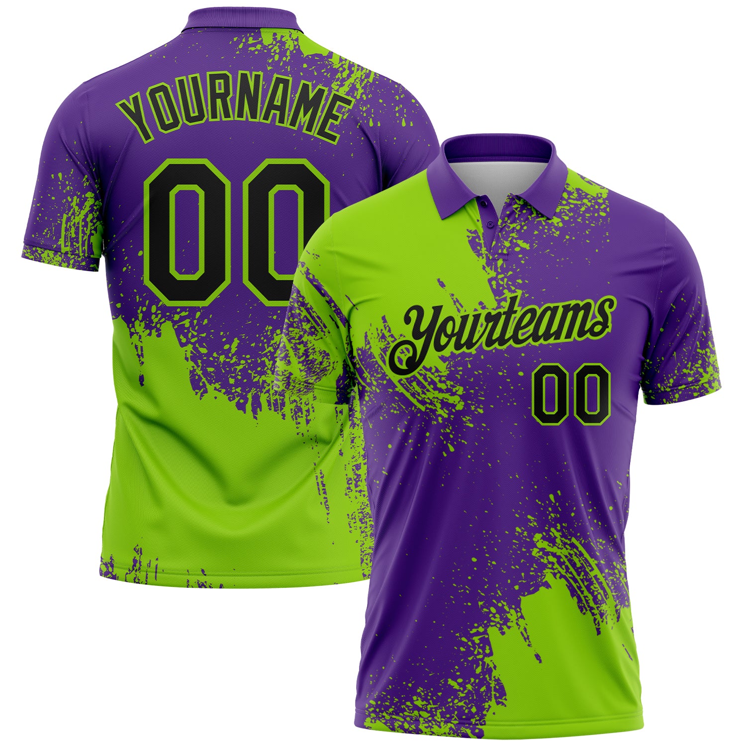 Custom Neon Green Black-Purple 3D Pattern Design Abstract Brush Stroke Performance Polo Shirt