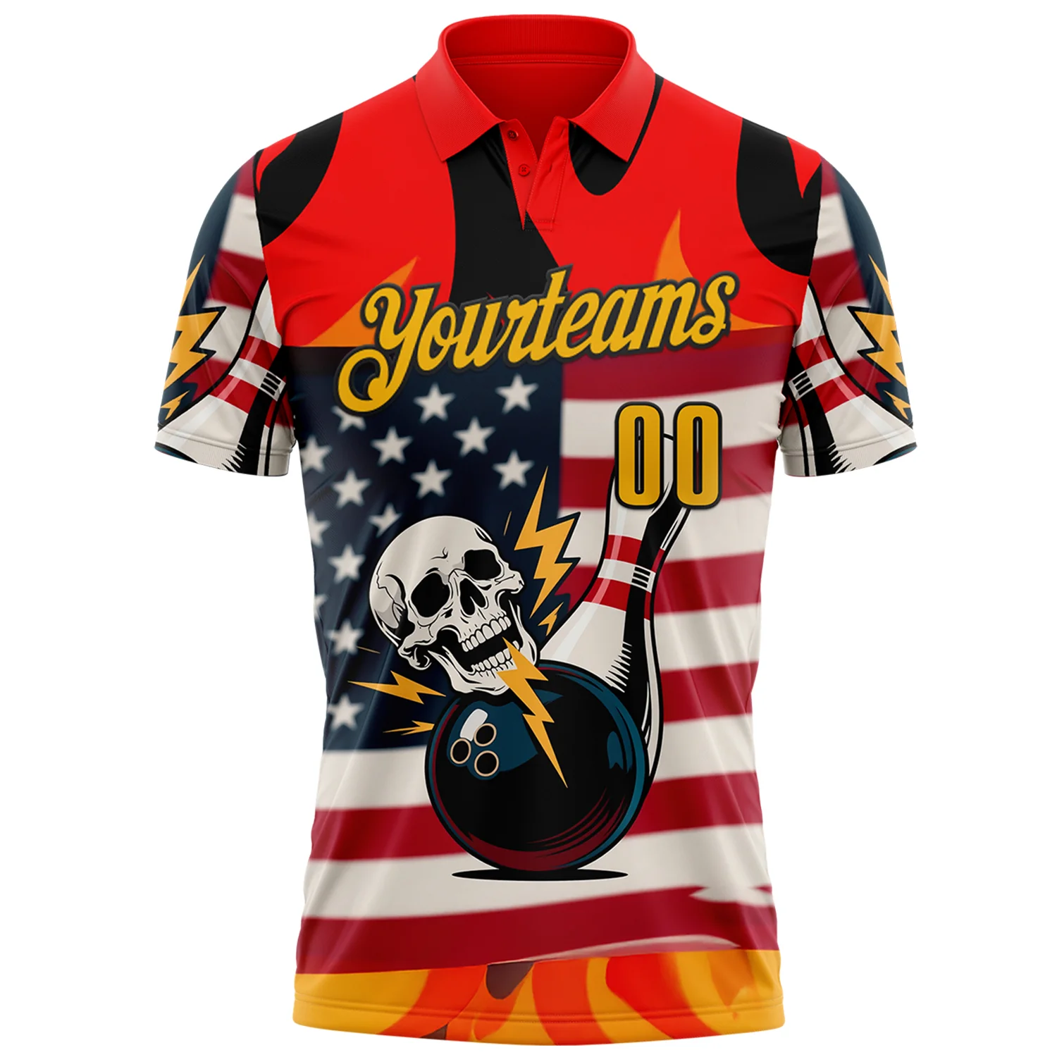 Custom Red Gold-Black 3D American Flag Skull Bowling Performance Polo Shirt
