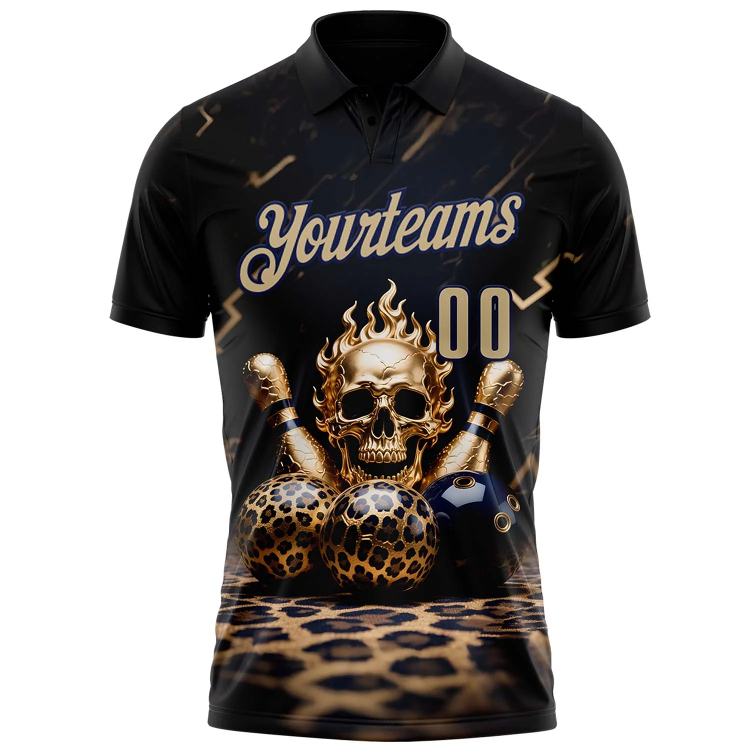 Custom Black Vegas Gold-Navy 3D Leopard Print Metal Skull Bowling Performance Polo Shirt