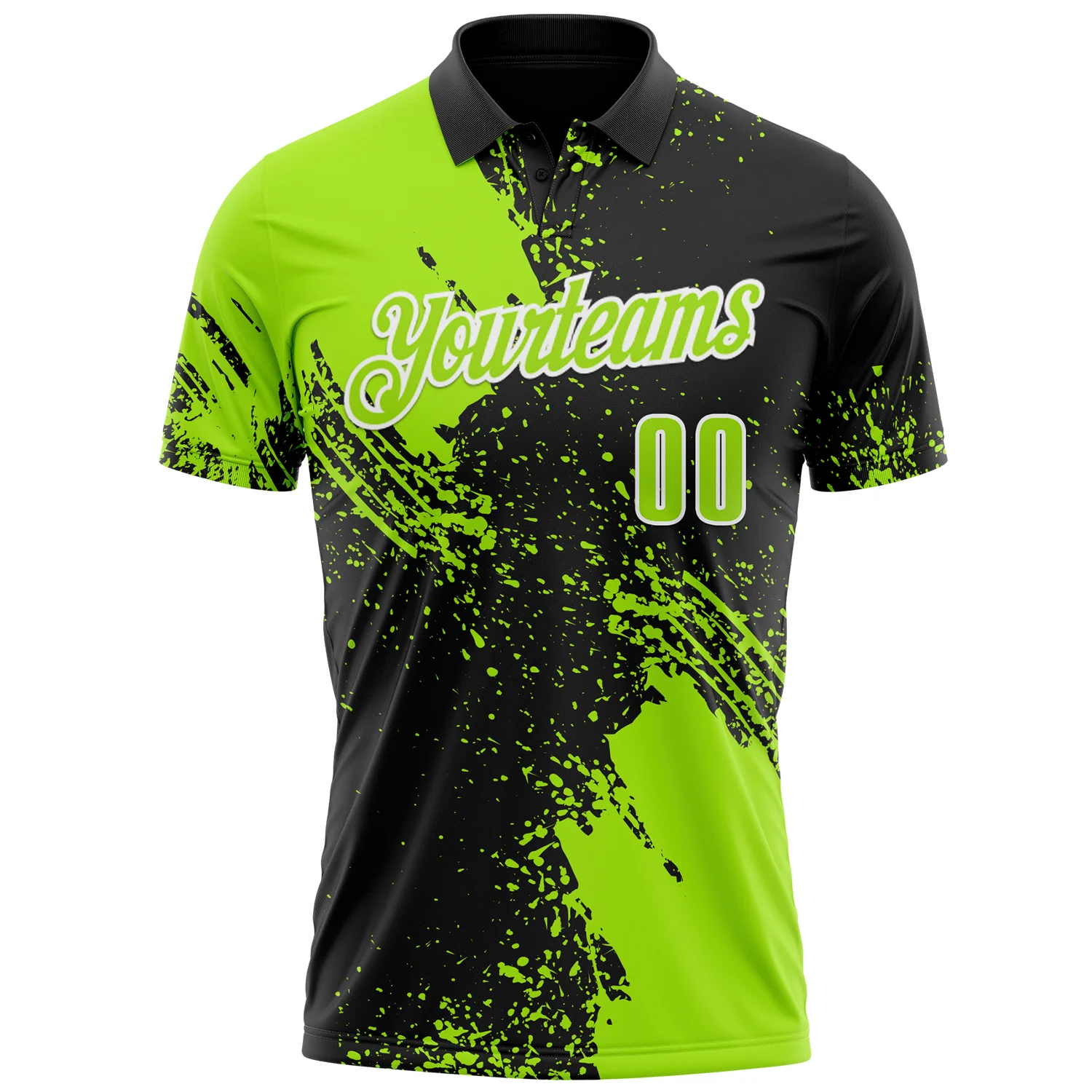 Custom Neon Green Black-White 3D Pattern Design Abstract Brush Stroke Performance Polo Shirt