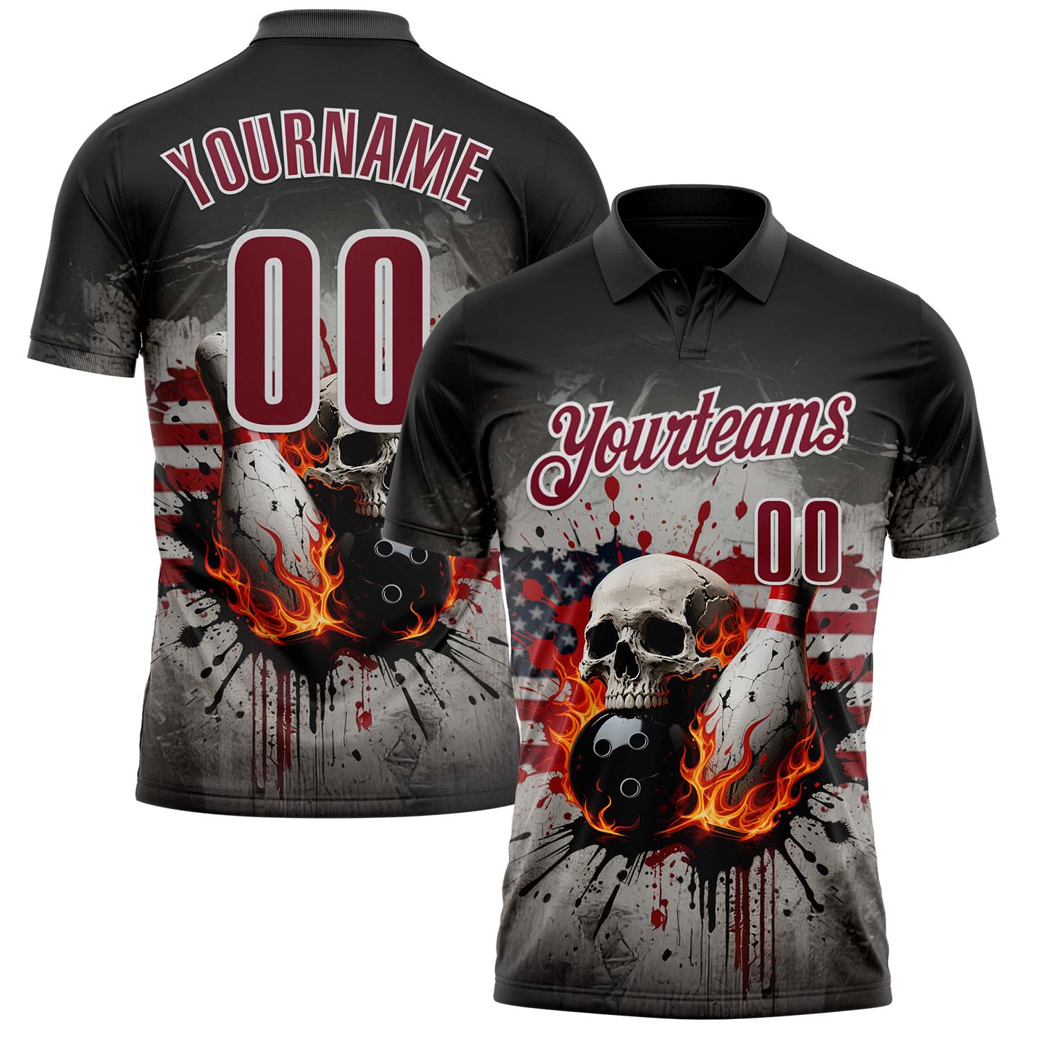 Custom Black Crimson-White 3D American Flag Splash Flame Skull Bowling Performance Polo Shirt