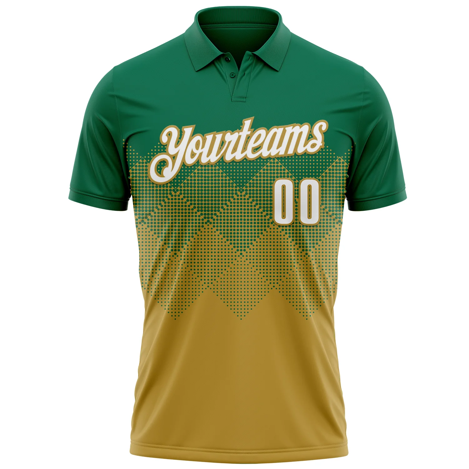 Custom Kelly Green White-Old Gold 3D Gradient Square Shape Performance Polo Shirt