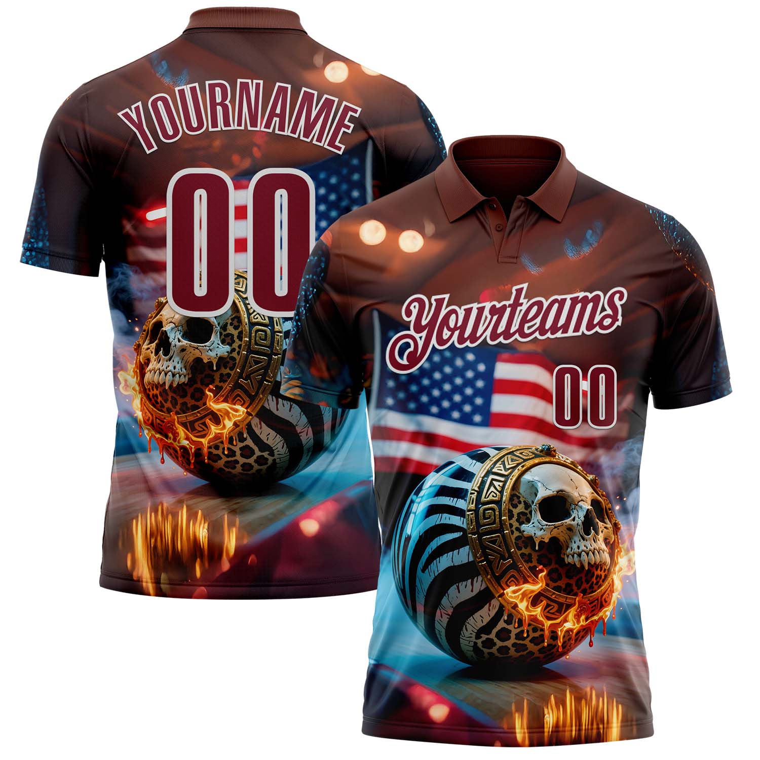 Custom Brown Crimson-White 3D American Flag Flame Skull Bowling Performance Polo Shirt