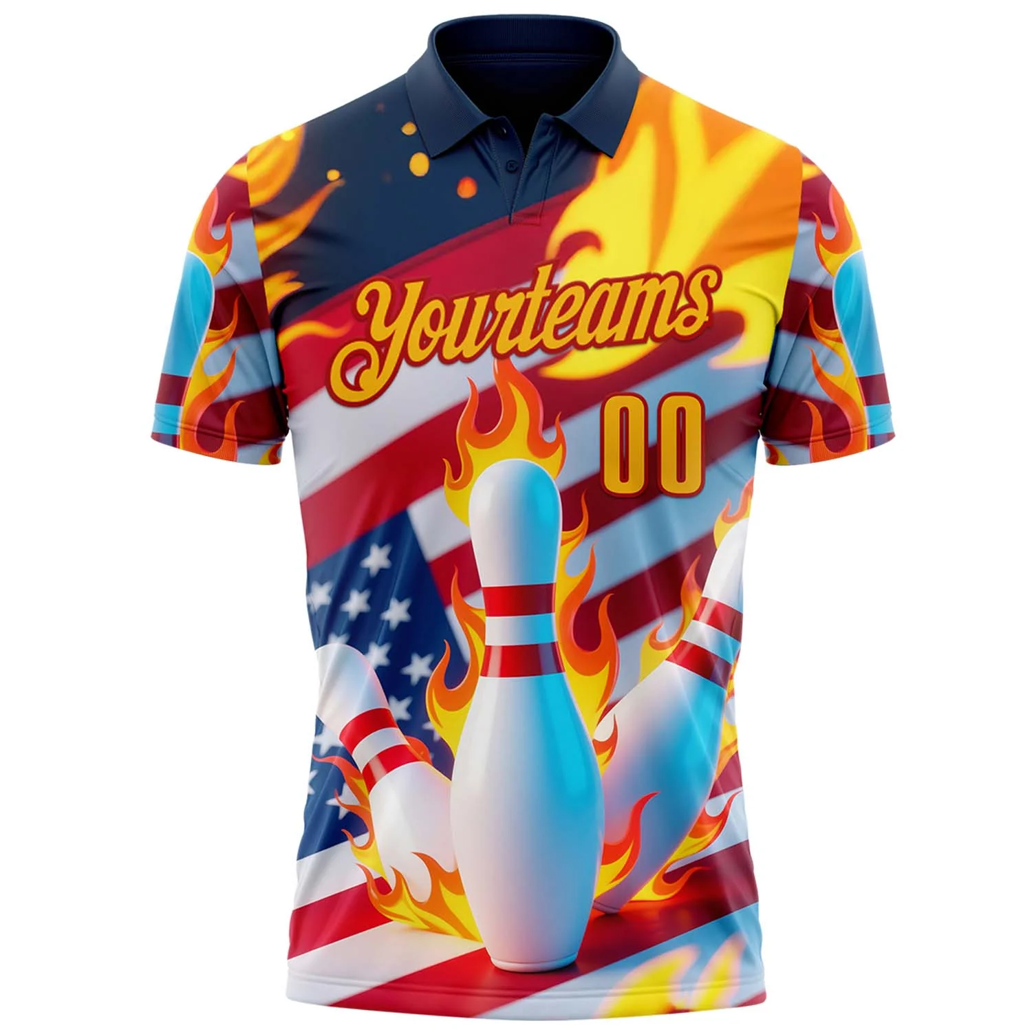 Custom Navy Gold-Red 3D American Flag Flame Bowling Performance Polo Shirt
