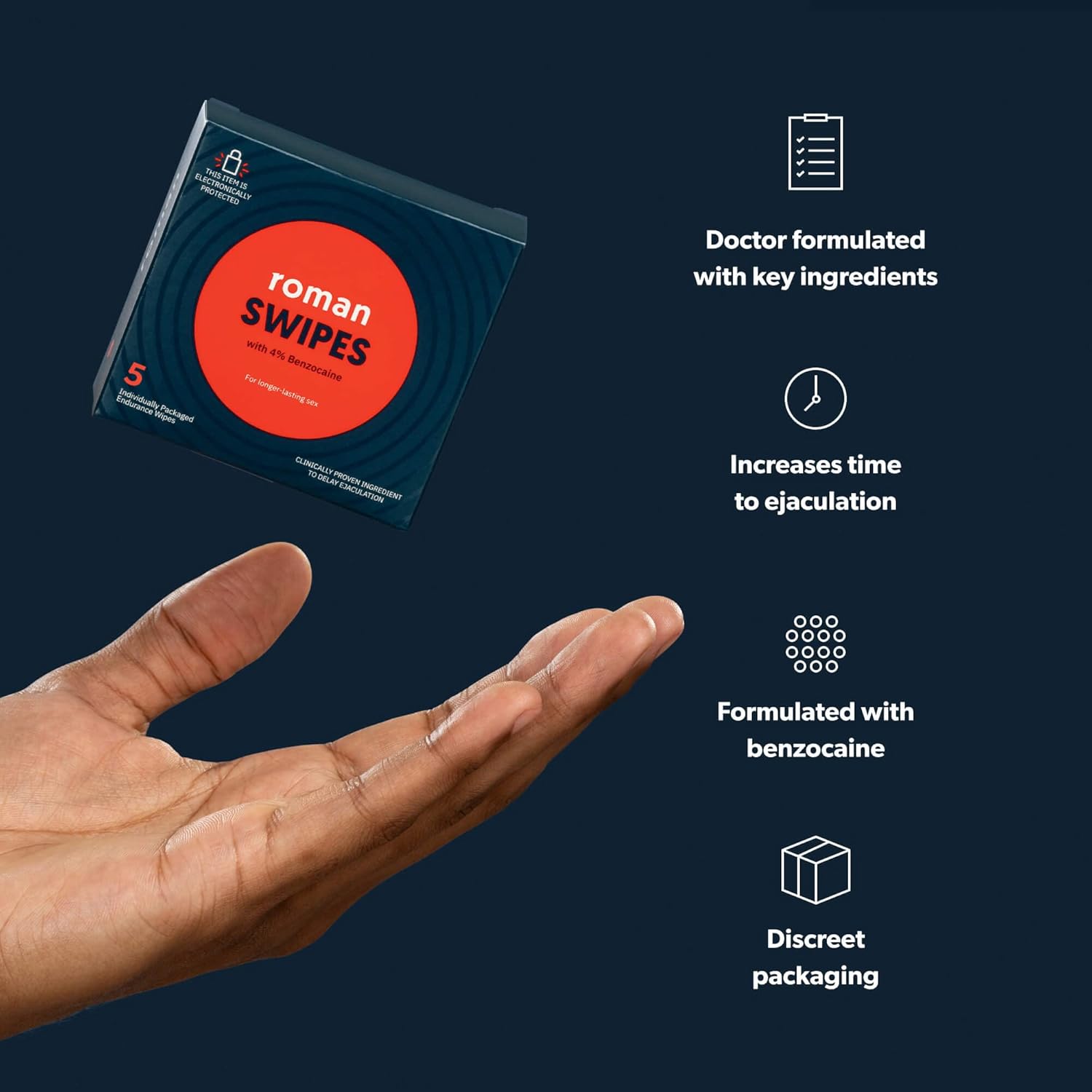 ROMAN Swipes | Fast-Acting, Convenient, Over-The-Counter Wipes Increase Stamina, Formulated with 4% Benzocaine, Features Discreet Packaging | 12-Pack - DragonVitality