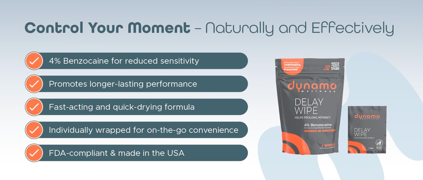 Dynamo Delay Wipes for Men – 4% Benzocaine Climax Control Wipes to Last Longer in Bed – Male Desensitizing Wipes for Endurance – 6 Count - DragonVitality