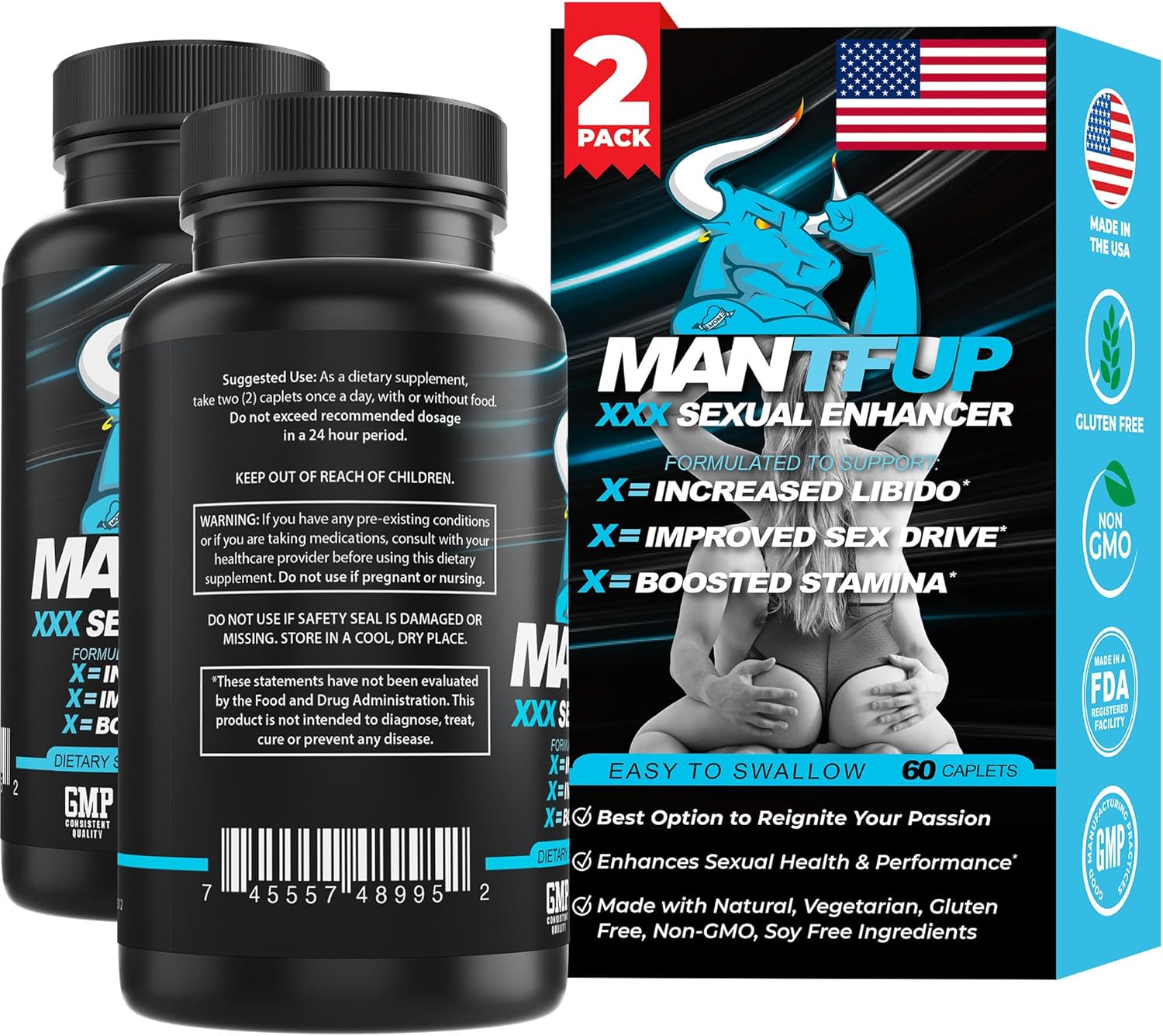 MANTFUP Daily Sexual Enhancer for Men | Boost Libido, Testosterone, Pleasure & Performance, Fast-Acting Enhancement | Potenciadores de Testosterona (120 Count (Pack of 2)) - DragonVitality
