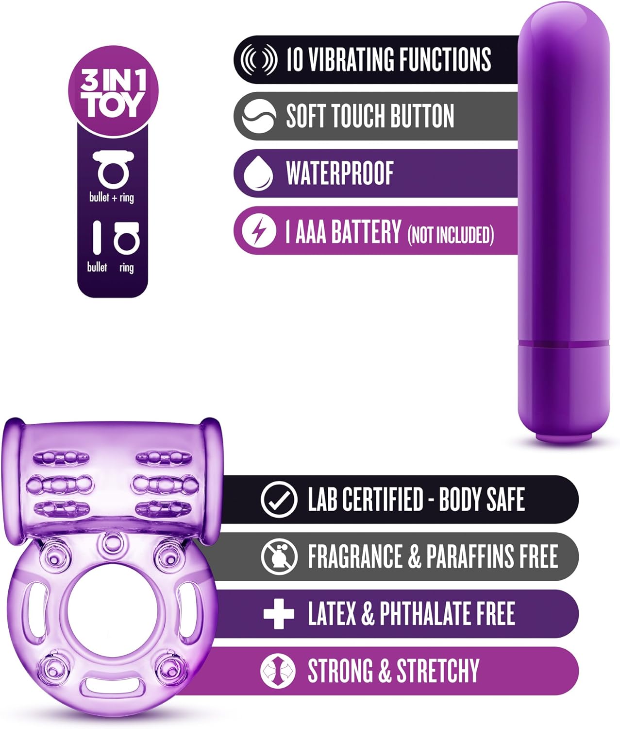 Blush Play with Me Couples Play - Vibrating C Ring - Soft and Stretchy - Nubs Stimulate The Clitoris - IPX7 Waterproof for Play in The Bath - Sexual Enhancer for Couples - Purple - DragonVitality