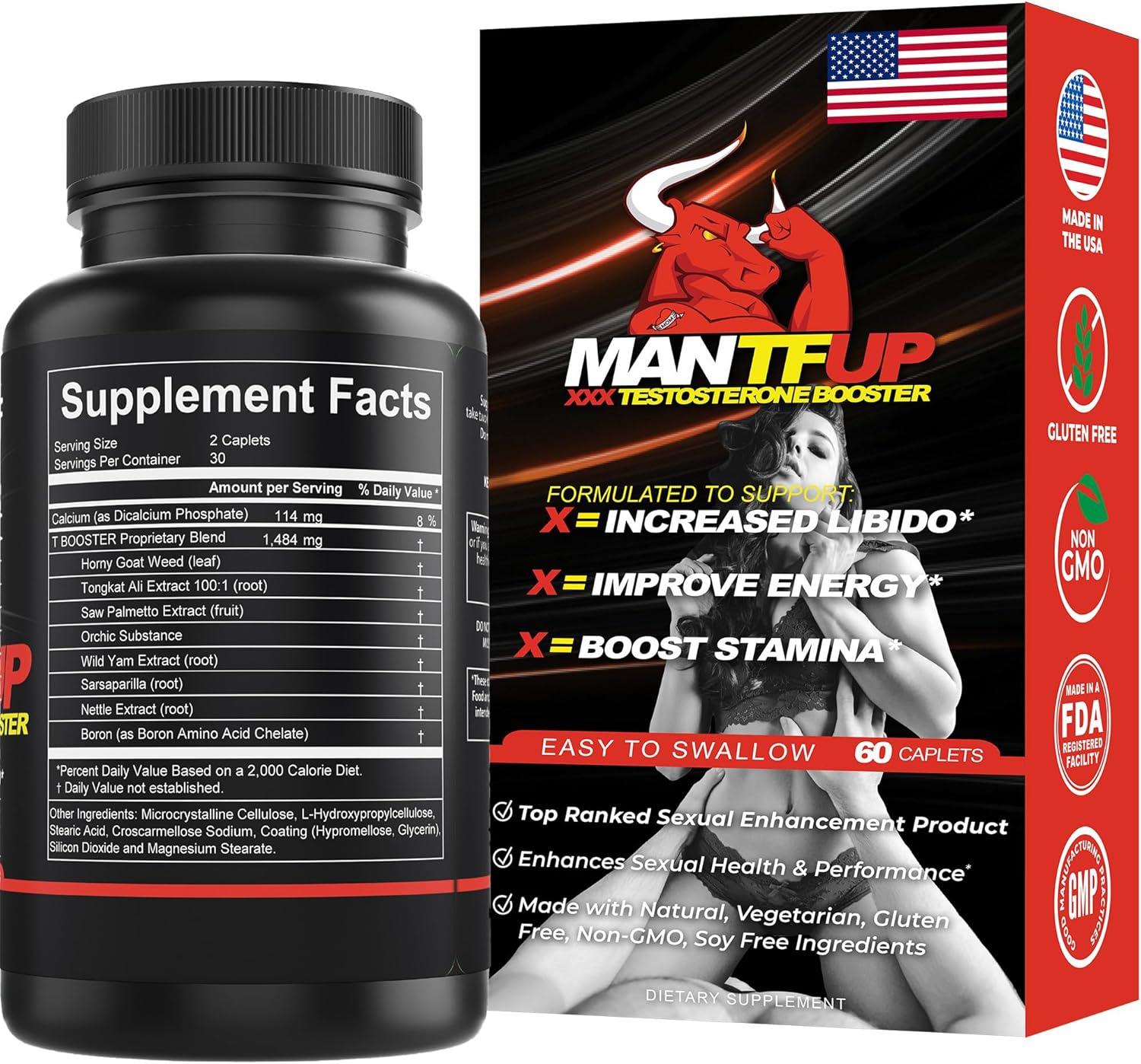 MANTFUP Vitality Enhancer for Men | Fast-Acting Testosterone Booster & Daily Supplement to Support Male Health & Libido | Potenciadores de Testosterona | Made in USA (1 Month Supply, 60 Caplets) - DragonVitality