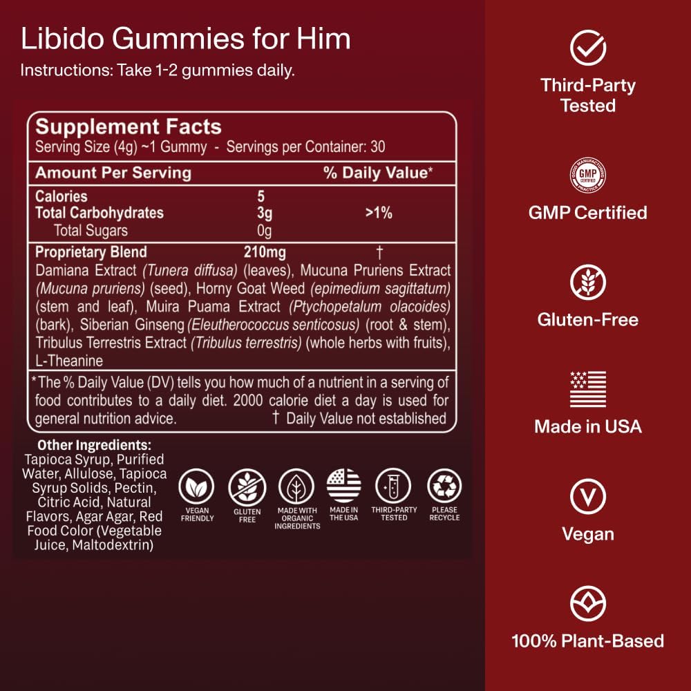 FOCL Male Libido Booster with Horny Goat Weed, Damiana, Tribulus Terrestris for Men - Supports Healthy Levels, Boost Stamina, Performance, Endurance, Male Enhancing Supplement Gummies - DragonVitality
