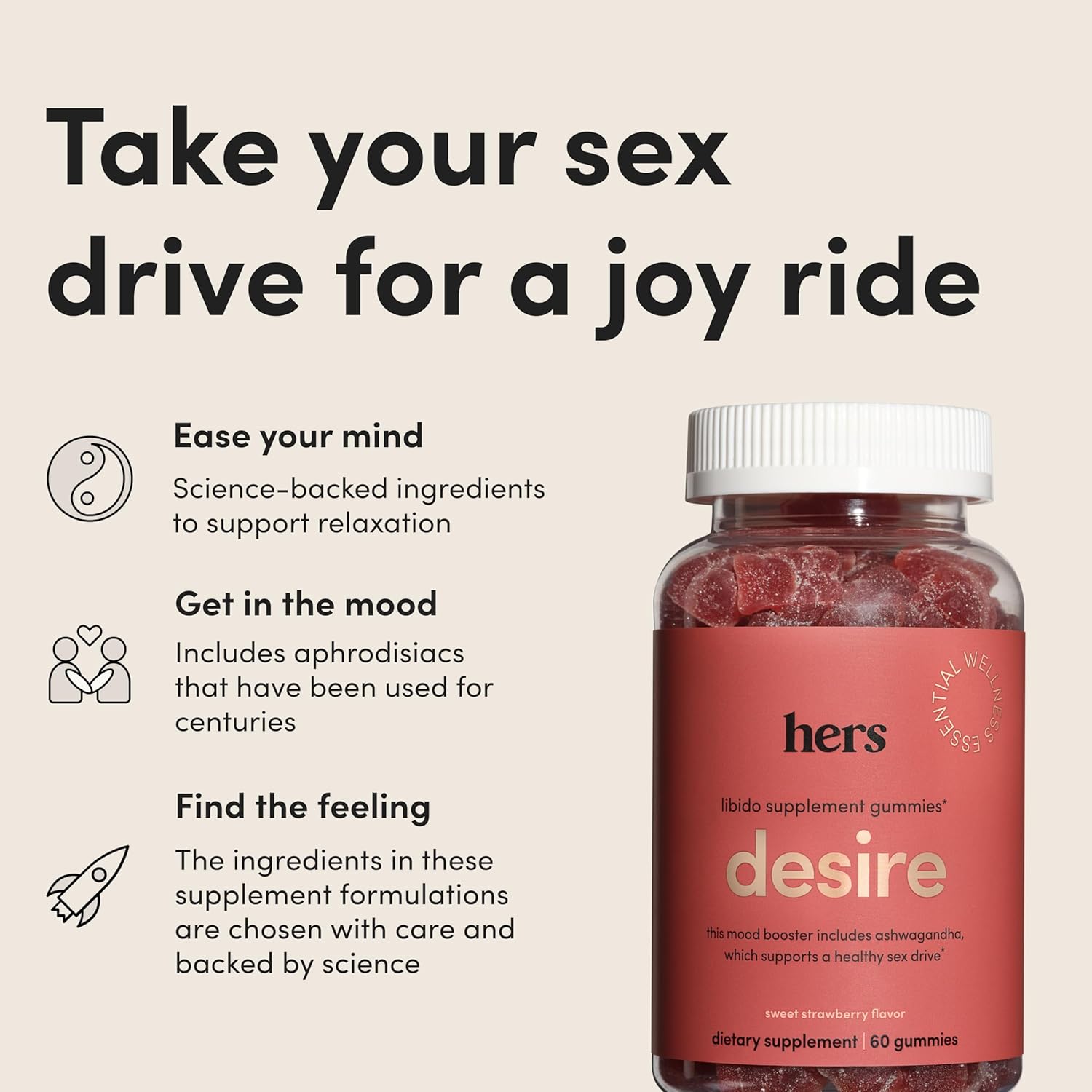 Hers Desire Libido Supplement Gummies for Women - Mood Support & Booster Gummies with Ashwagandha, Ginkgo Biloba & Damiana - No Artificial Sweeteners or Flavors - Sweet Strawberry Flavor, 60 ct - DragonVitality