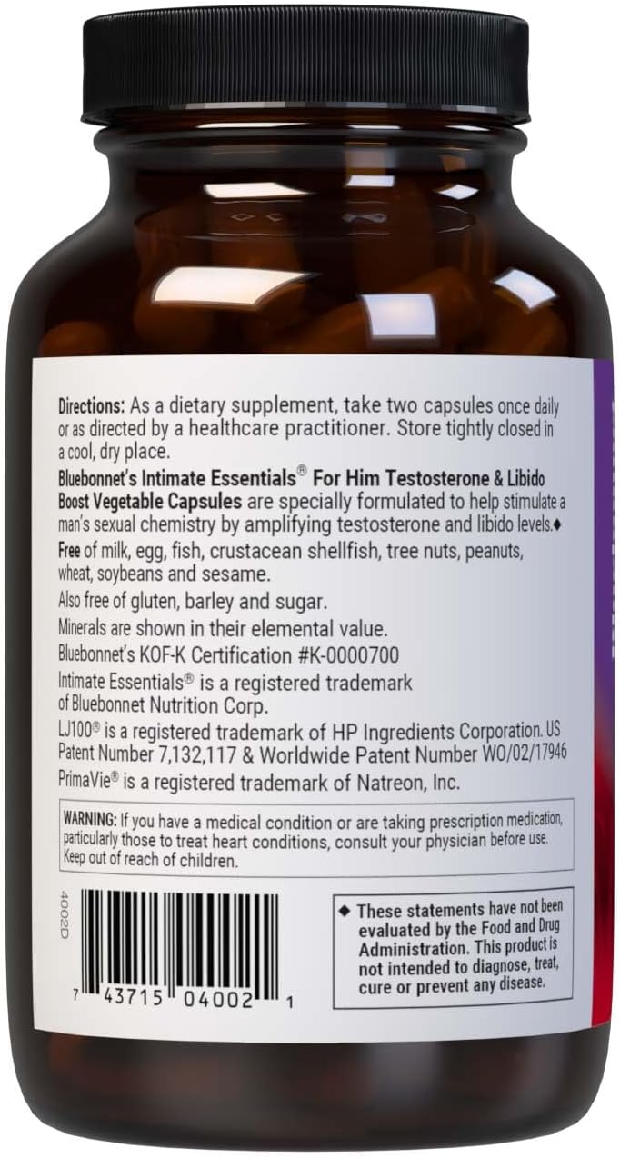 Bluebonnet Nutrition Intimate Essentials for Him, Testosterone & Libido Boost*, on-GMO, Vegan, Kosher Certified, Gluten-Free, Soy-Free, Milk-Free, 60 Vegetable Capsules, 30 Servings - DragonVitality