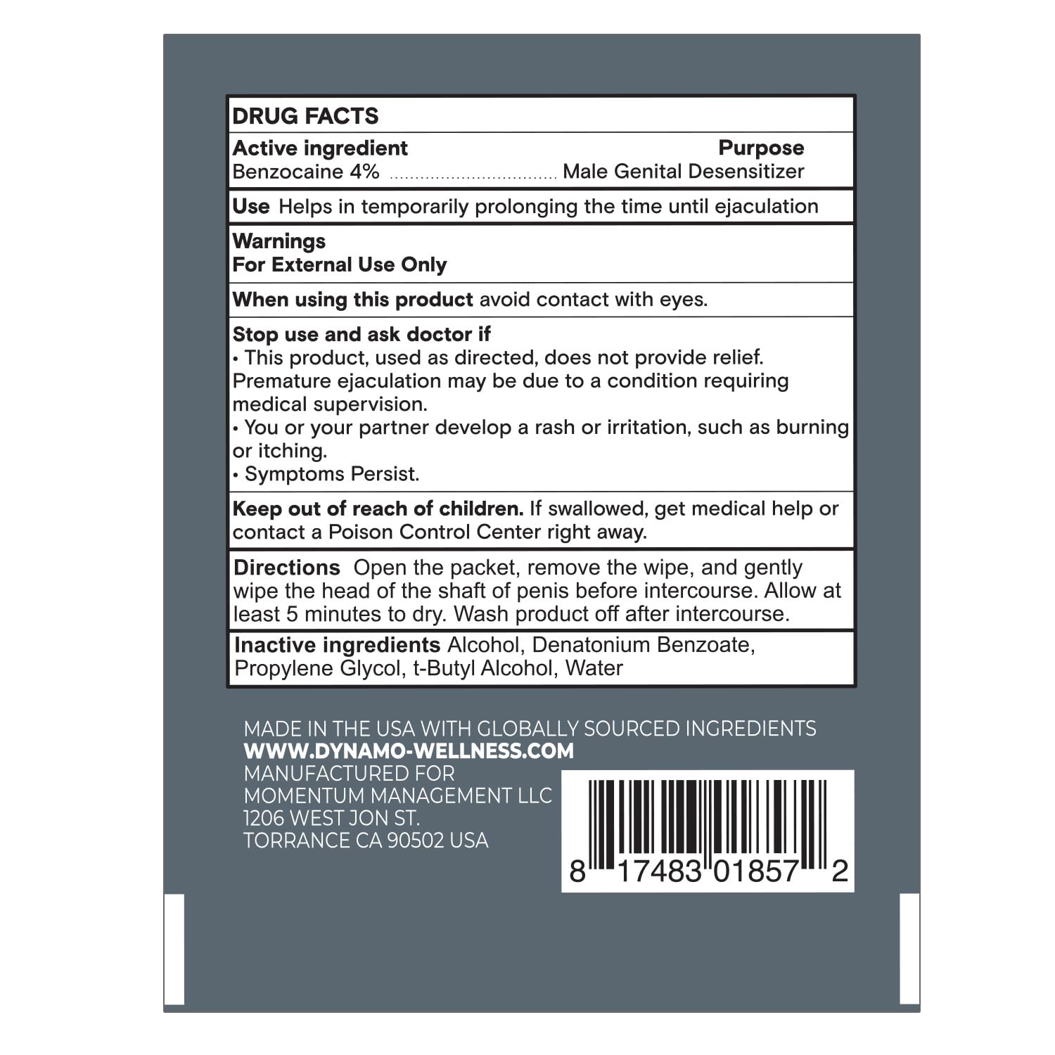 Dynamo Delay Wipes for Men – 4% Benzocaine Climax Control Wipes to Last Longer in Bed – Male Desensitizing Wipes for Endurance – 6 Count - DragonVitality