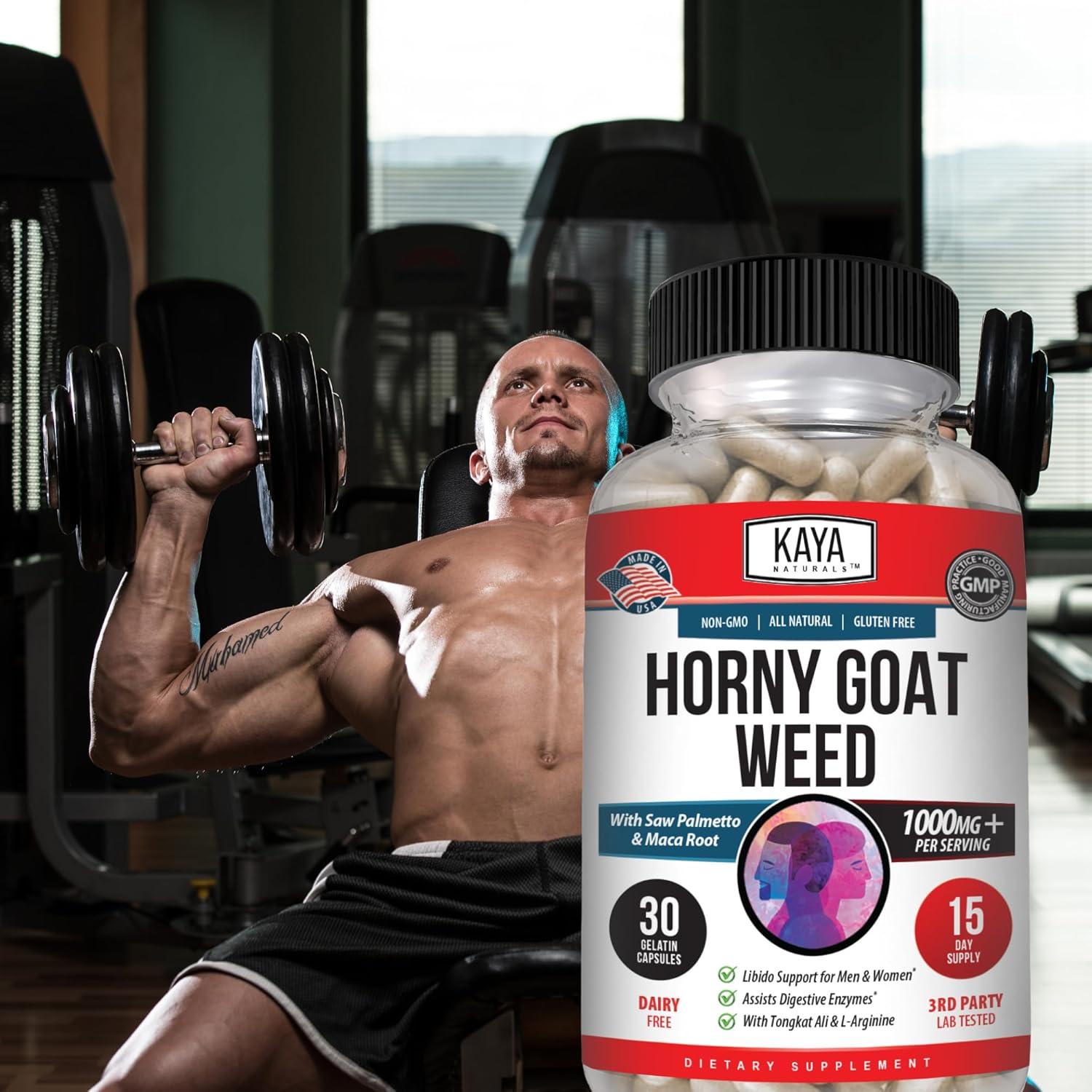 Kaya Naturals Horny Goat Weed Extract with Maca - Complex with Saw Palmetto Ginseng, Arginine Vitamin Supplement - Horny Goat Weed - 60 Count - DragonVitality