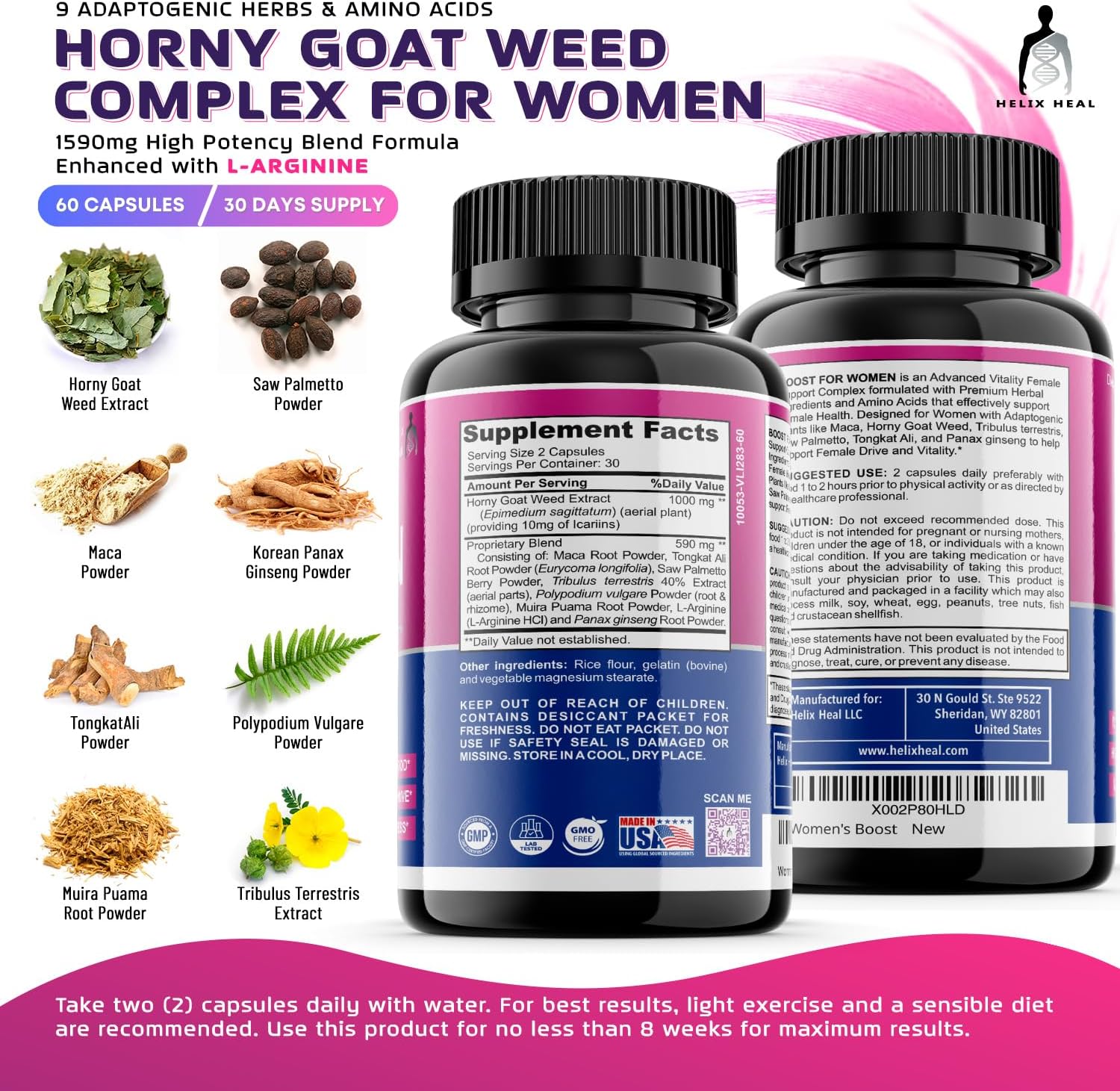 Helix Heal Libido Booster for Women Fast Acting with Horny Goat Weed - Female Desire Pills with Maca Root, Tribulus Terrestris, Ginseng and Hornygoatweed Women - Hormone Balance, Made in USA (60 ct) - DragonVitality